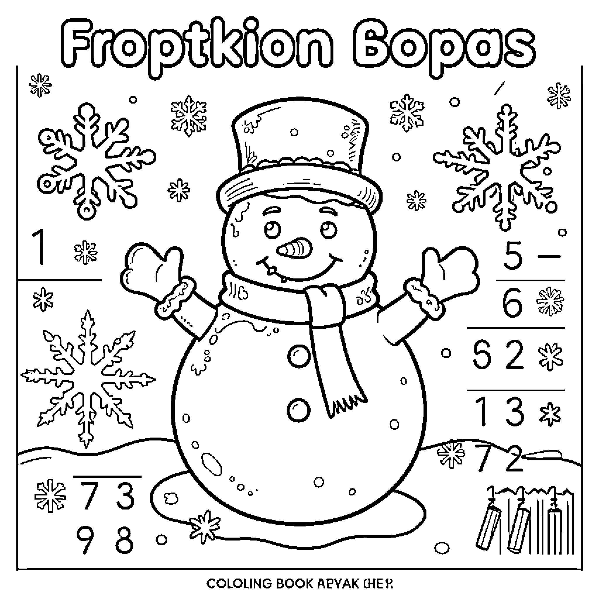 Snowman counting snowflakes and numbers Coloring Page (free black-and-white line drawing printable PDF for all, from beginners to advanced learners, including children, teens, adults, and seniors)