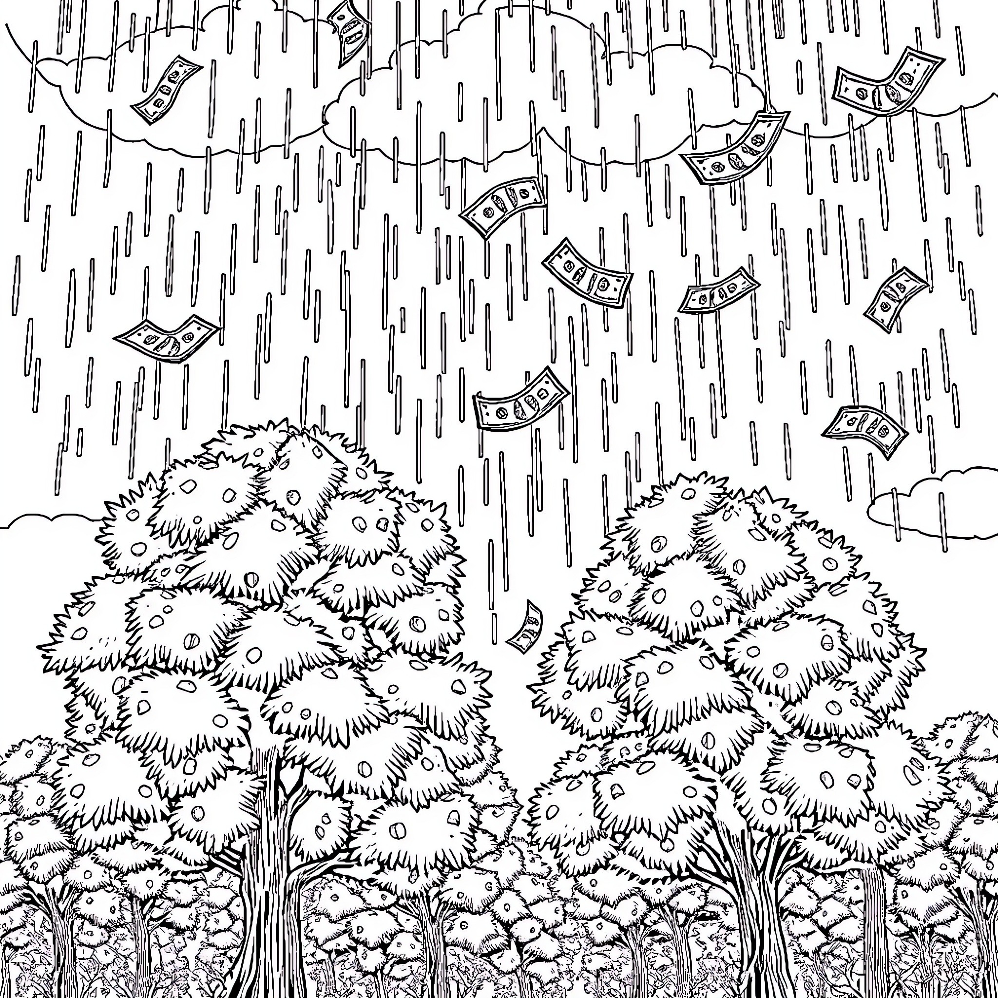 Money Raining Down on the Forest Coloring Page (free black-and-white line drawing printable PDF for all, from beginners to advanced learners, including children, teens, adults, and seniors)