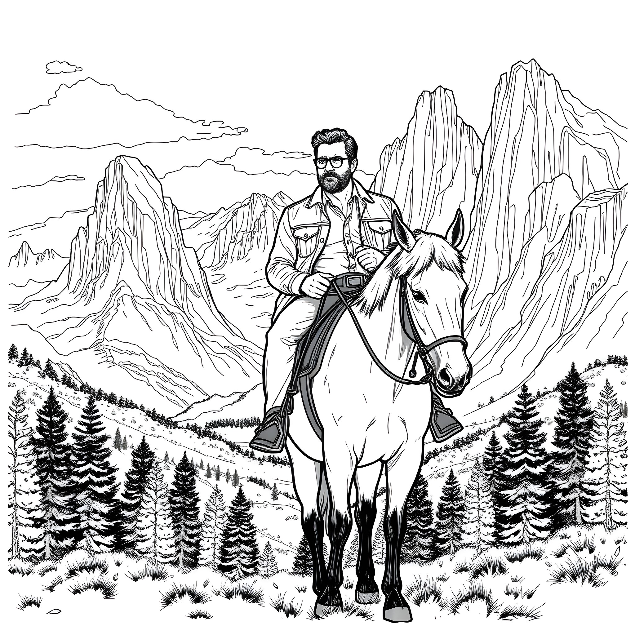 Jeffery Dean Morgan riding a horse through a mountainous landscape Coloring Page (free black-and-white line drawing printable PDF for all, from beginners to advanced learners, including children, teens, adults, and seniors)
