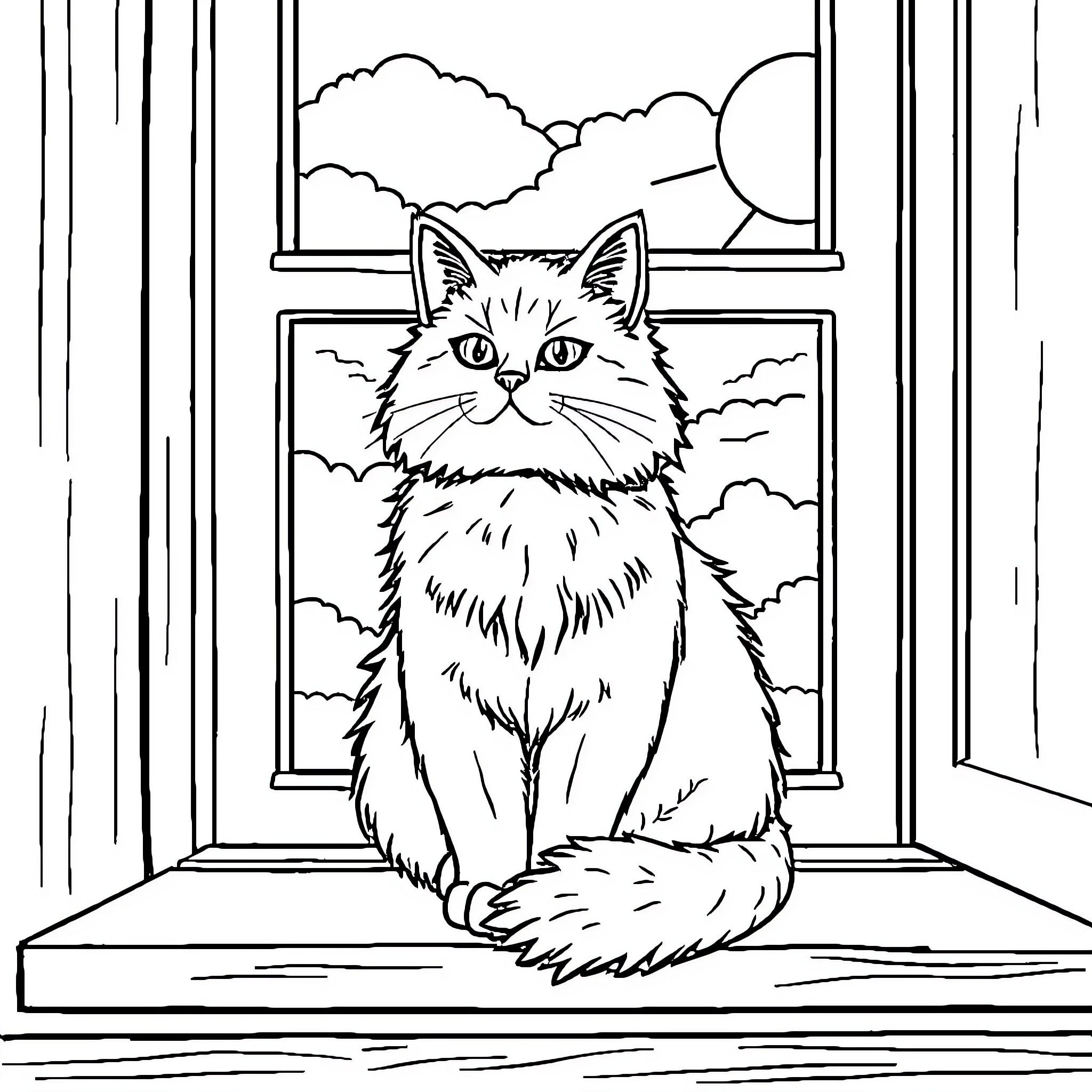 Cat sitting on a windowsill with a scenic view Coloring Page (free black-and-white line drawing printable PDF for all, from beginners to advanced learners, including children, teens, adults, and seniors)