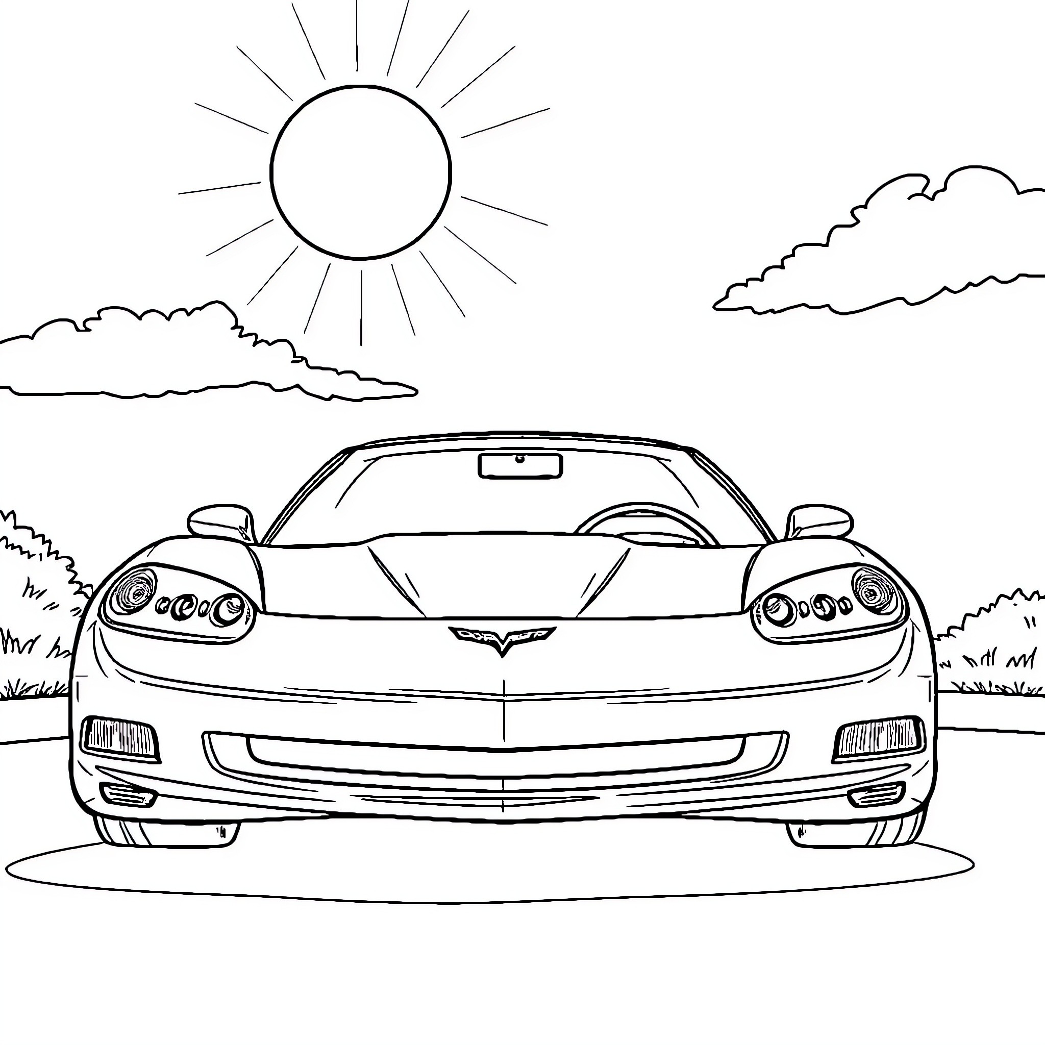 Corvette sports car in scenic landscape Coloring Page (free black-and-white line drawing printable PDF for all, from beginners to advanced learners, including children, teens, adults, and seniors)