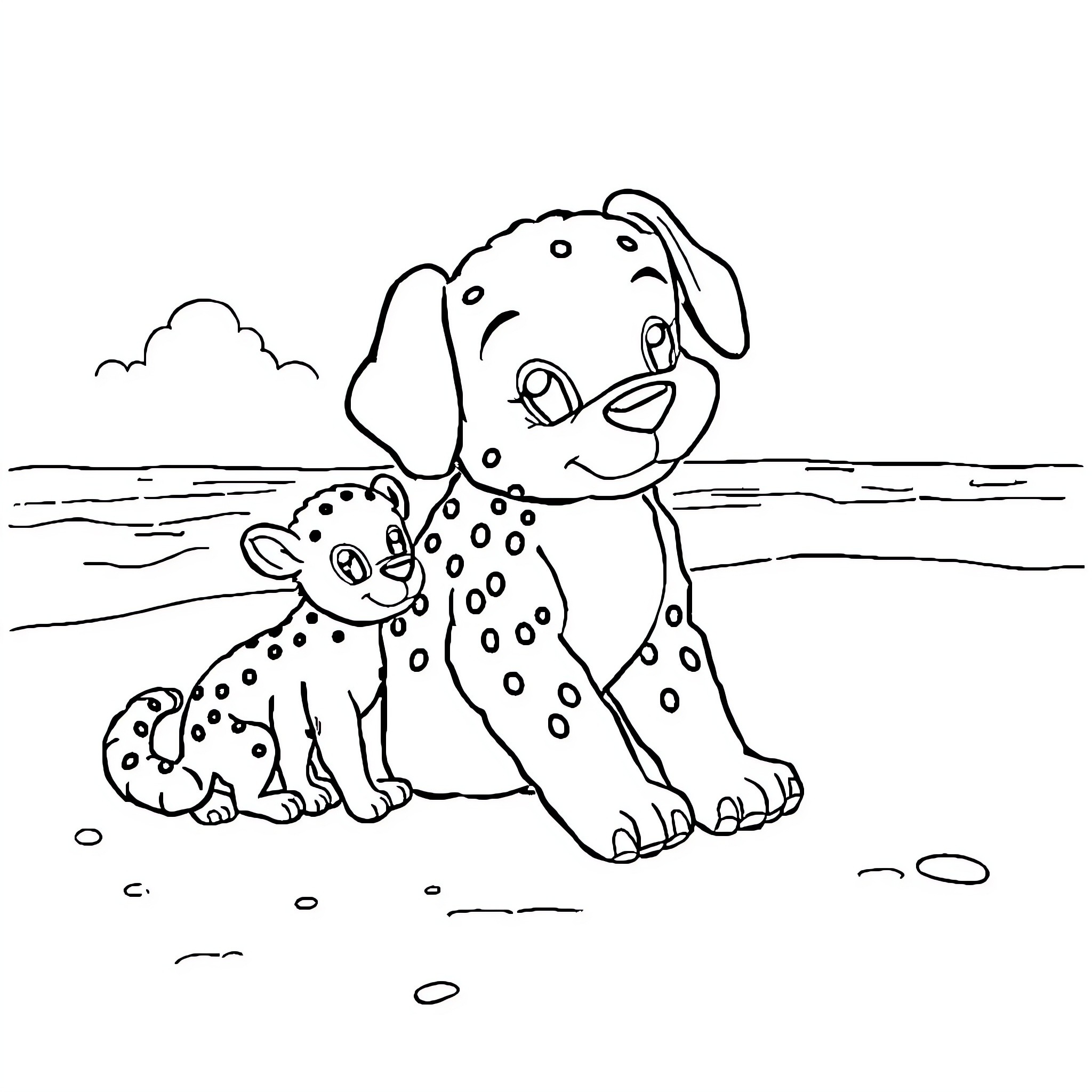 Labubu's Playful Adventure with Spotted Pup Coloring Page (free black-and-white line drawing printable PDF for all, from beginners to advanced learners, including children, teens, adults, and seniors)