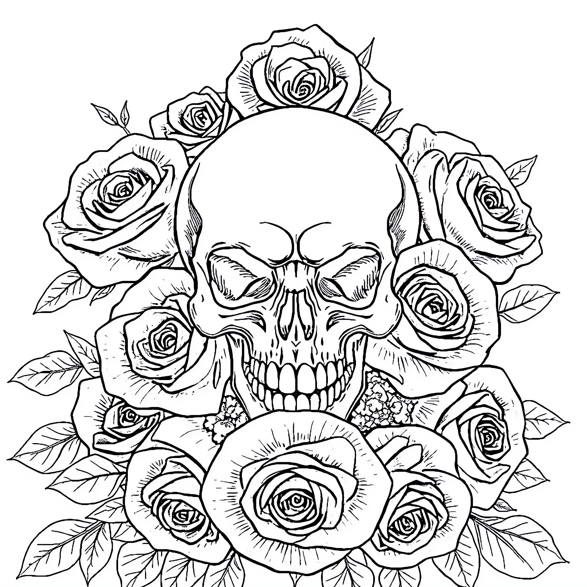 Skull surrounded by decorative roses Coloring Page (free black-and-white line drawing printable PDF for all, from beginners to advanced learners, including children, teens, adults, and seniors)
