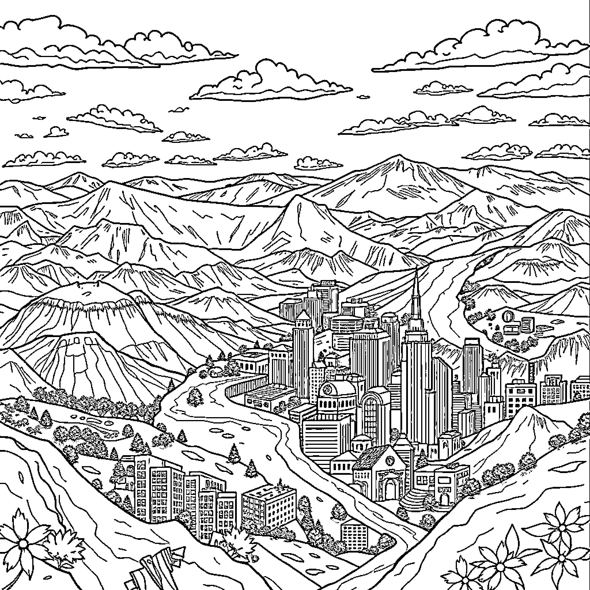 America's Magnificent Mountain Cityscape Coloring Page (free black-and-white line drawing printable PDF for all, from beginners to advanced learners, including children, teens, adults, and seniors)