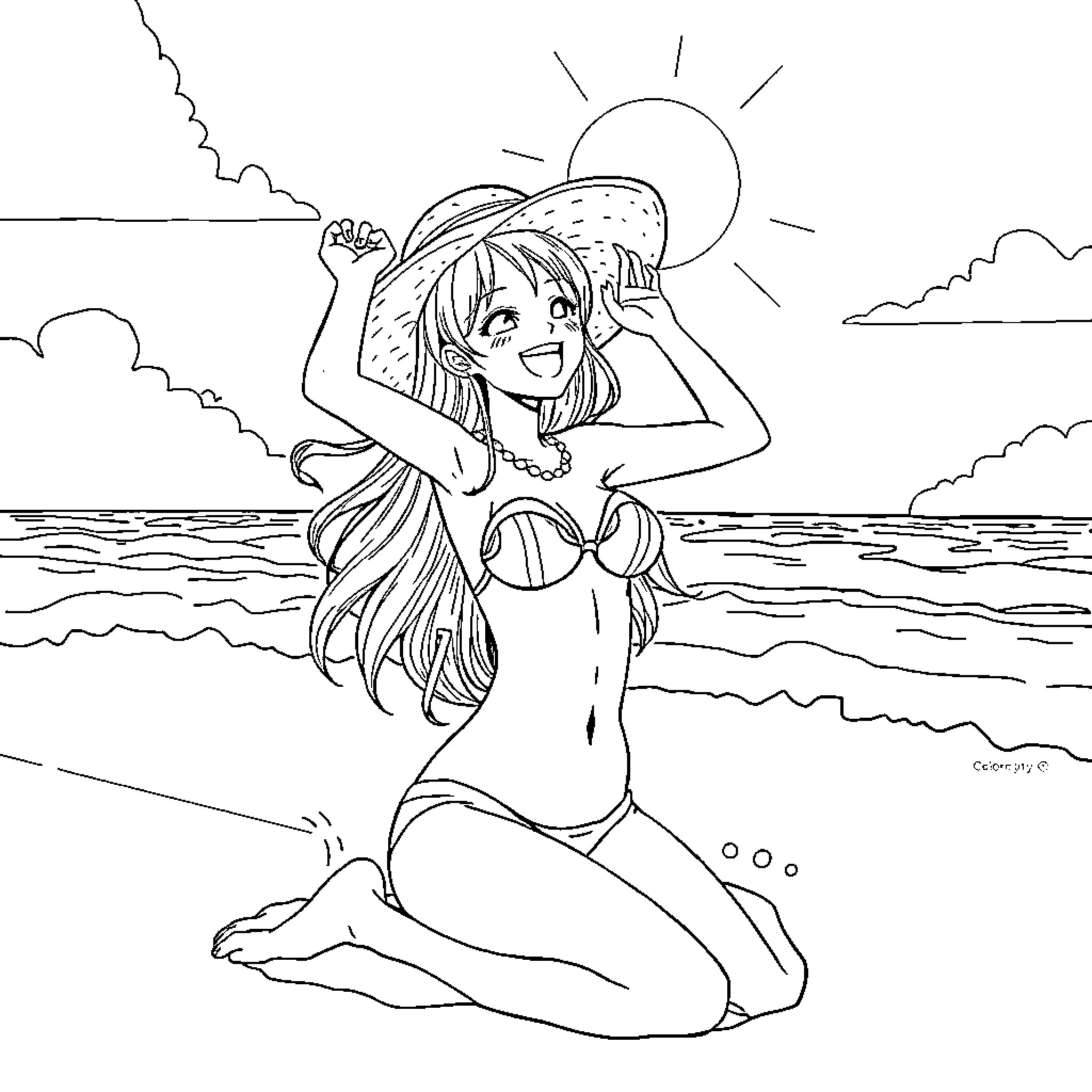 Nami enjoying a sunny day at the beach Coloring Page (free black-and-white line drawing printable PDF for all, from beginners to advanced learners, including children, teens, adults, and seniors)