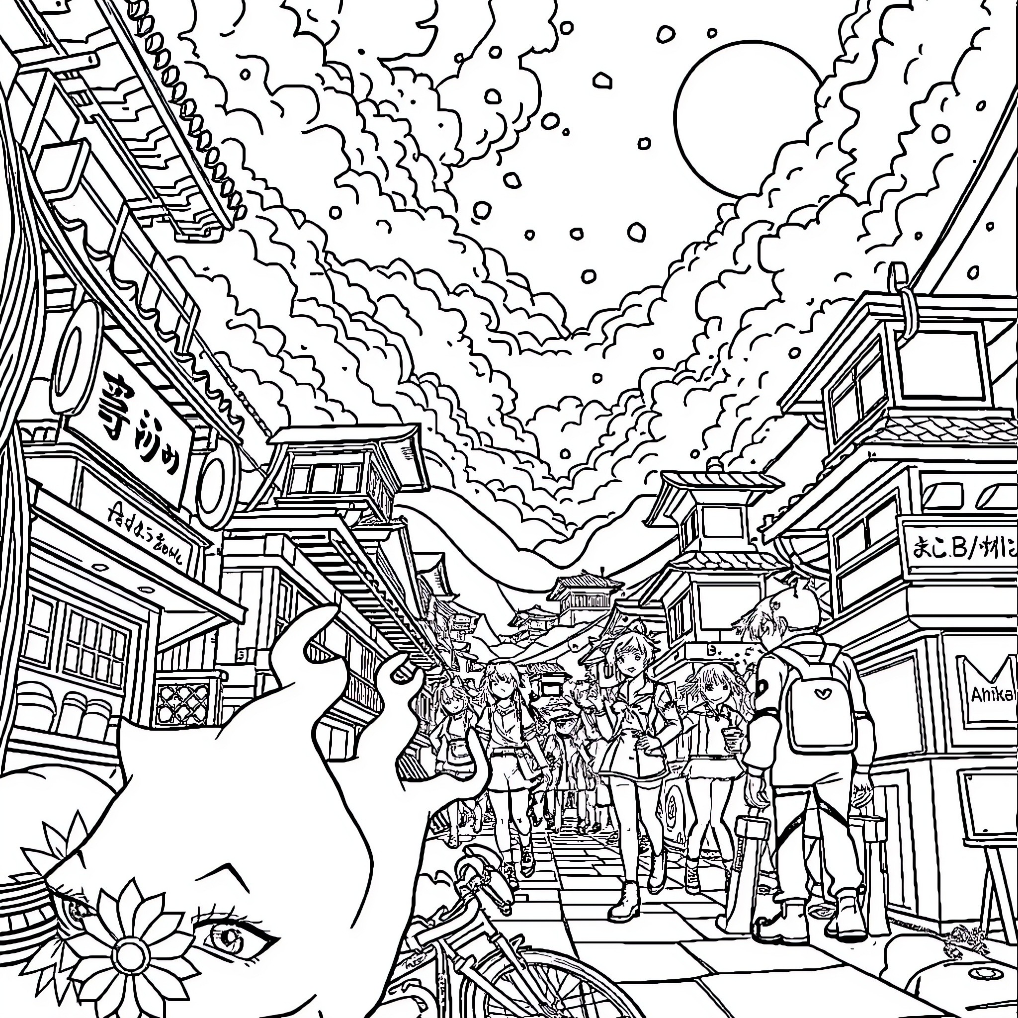 Anime Scene with Characters on a Busy Street Coloring Page (free black-and-white line drawing printable PDF for all, from beginners to advanced learners, including children, teens, adults, and seniors)