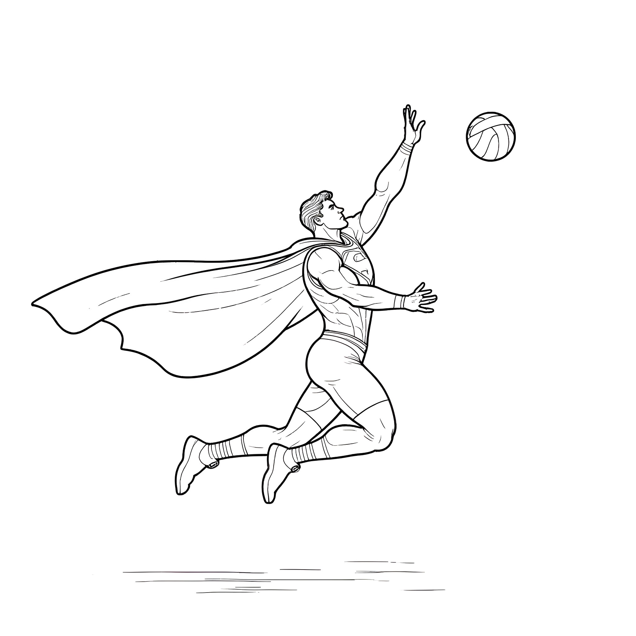 Superman Leaping to Slam Dunk the Basketball Coloring Page (free black-and-white line drawing printable PDF for all, from beginners to advanced learners, including children, teens, adults, and seniors)