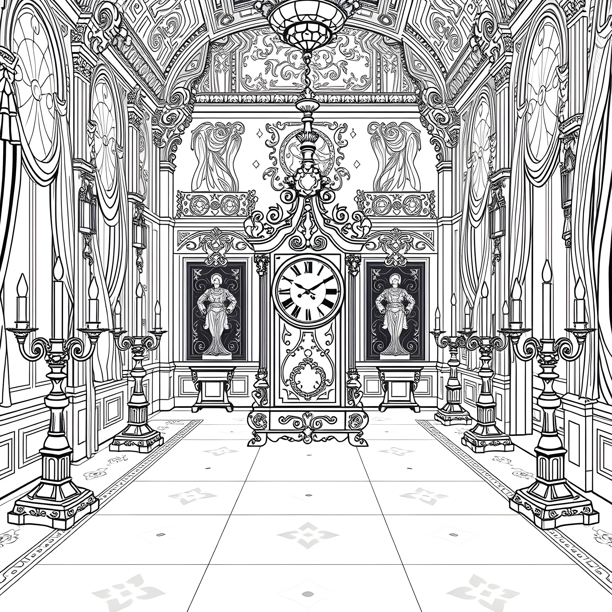 Cogsworth's Ornate Clock Room Coloring Page (free black-and-white line drawing printable PDF for all, from beginners to advanced learners, including children, teens, adults, and seniors)