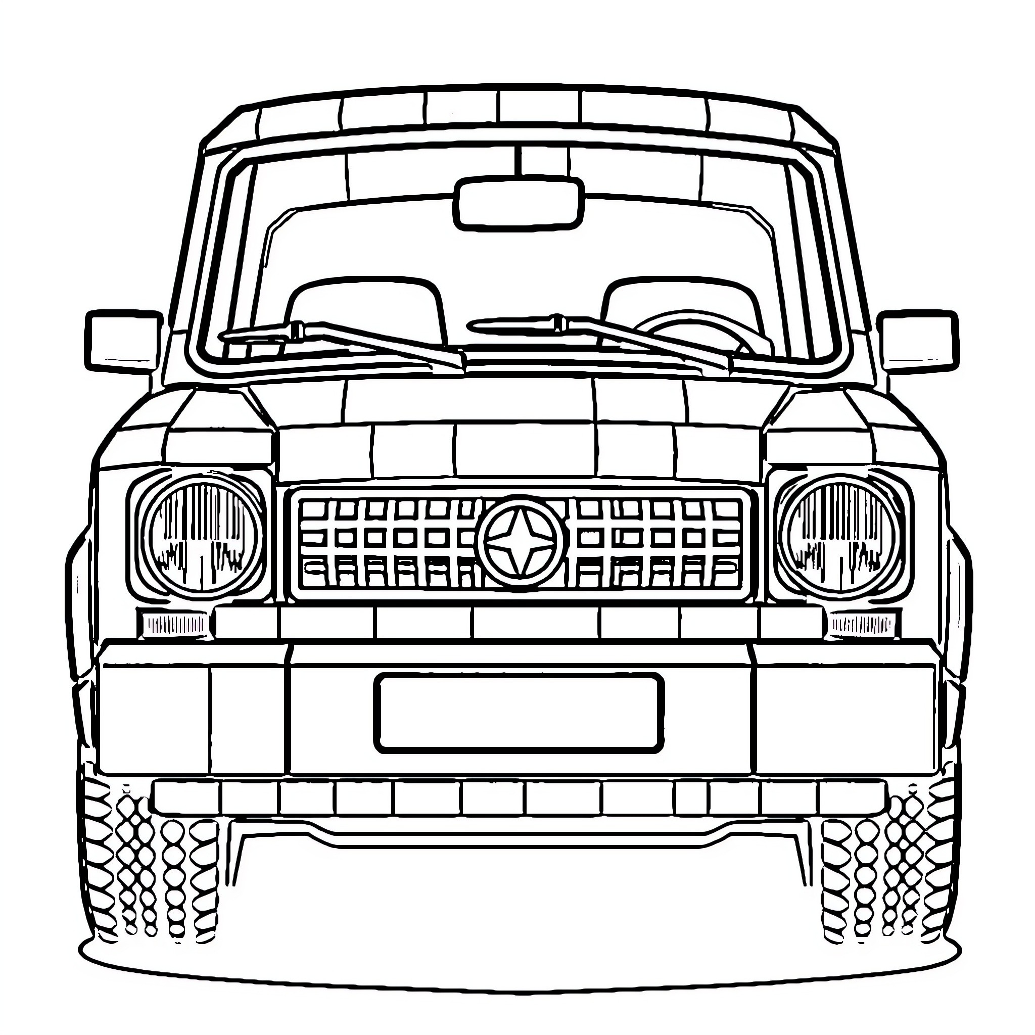 Skoda off-road vehicle front view Coloring Page (free black-and-white line drawing printable PDF for all, from beginners to advanced learners, including children, teens, adults, and seniors)