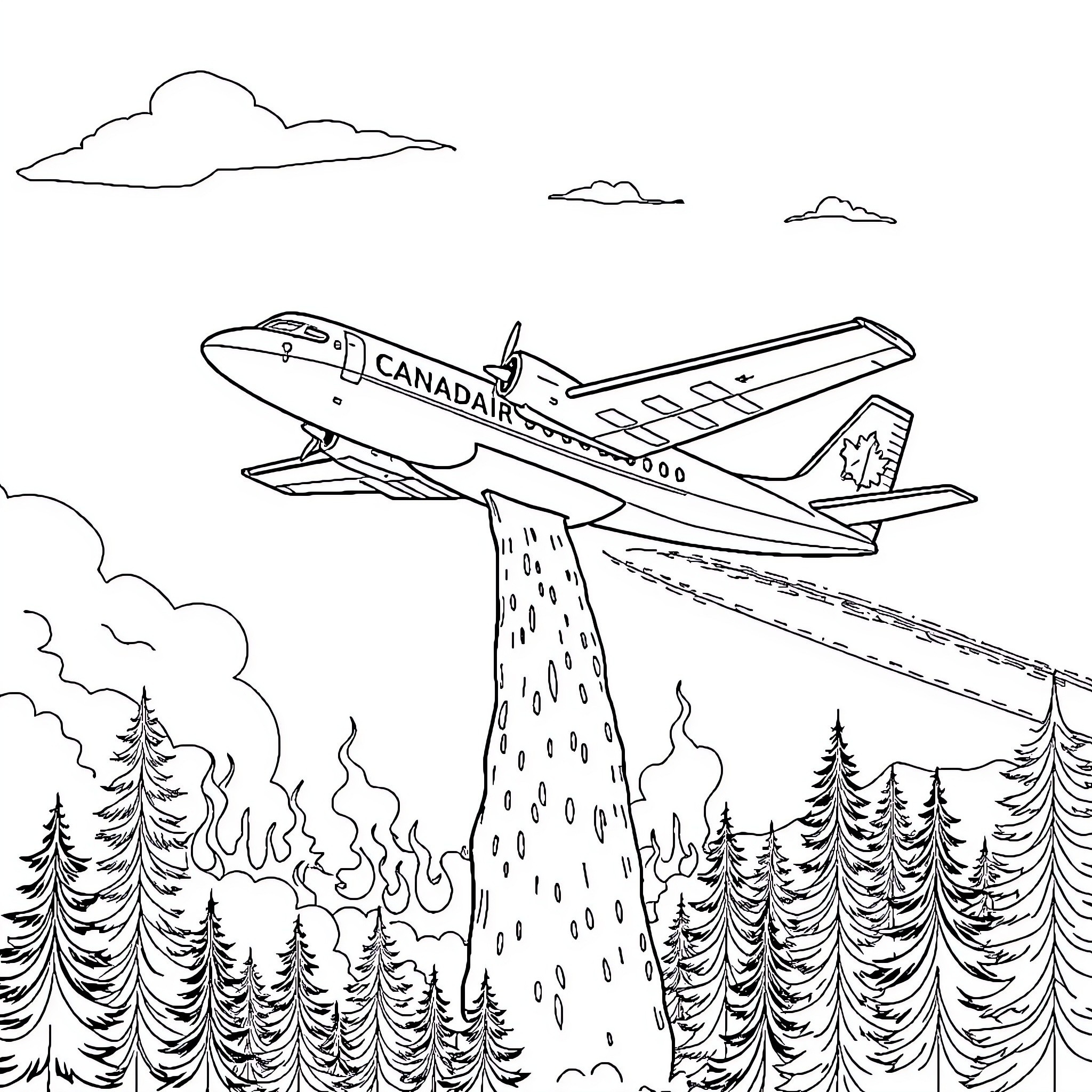 Pompier firefighting aircraft in action above forest Coloring Page (free black-and-white line drawing printable PDF for all, from beginners to advanced learners, including children, teens, adults, and seniors)