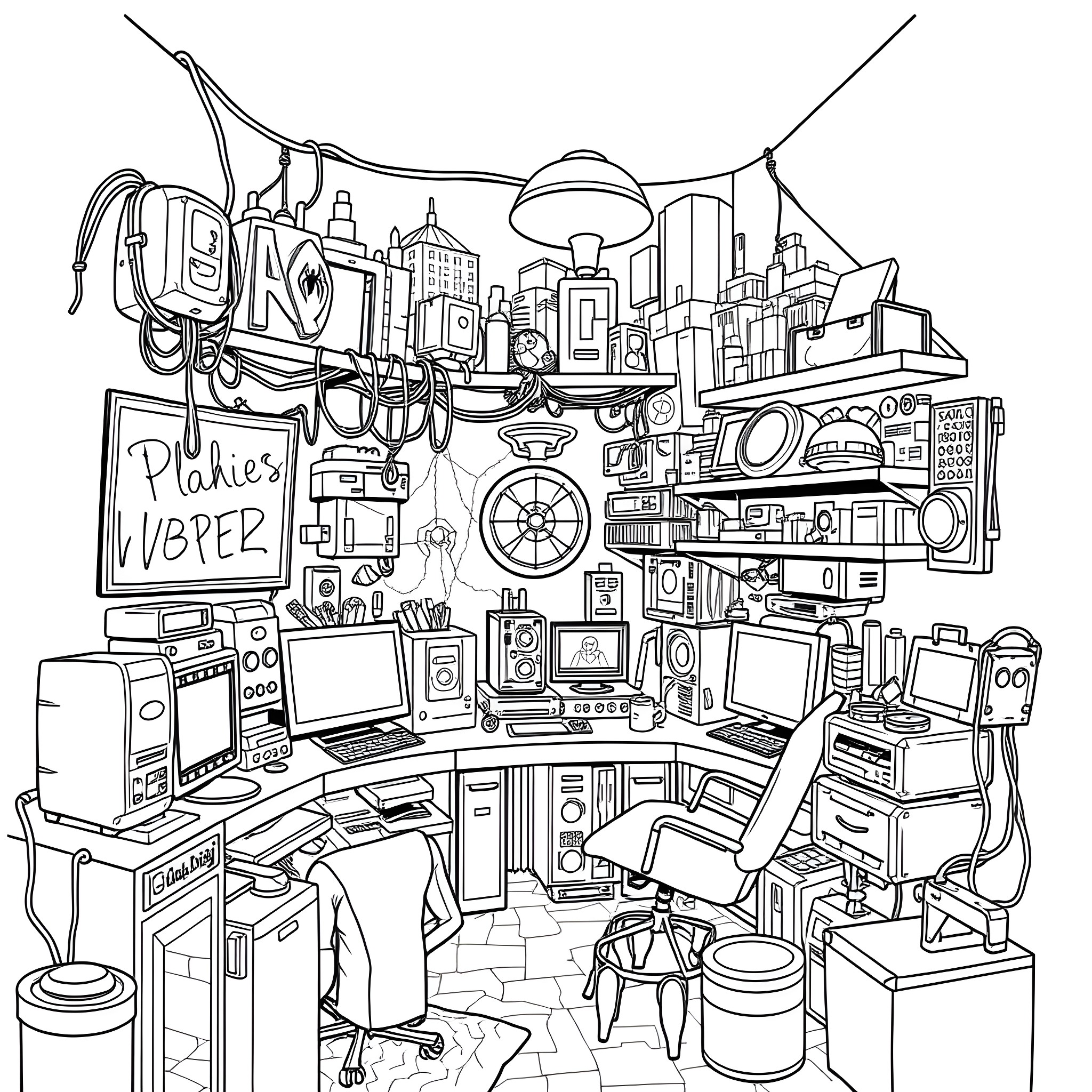 Spider in the Cluttered Tech Workspace Coloring Page (free black-and-white line drawing printable PDF for all, from beginners to advanced learners, including children, teens, adults, and seniors)