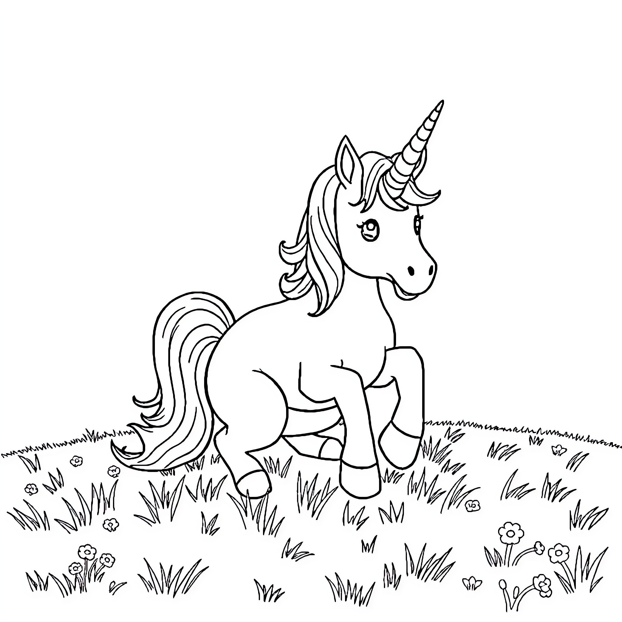 Unicorn wandering through a whimsical garden Coloring Page (free black-and-white line drawing printable PDF for all, from beginners to advanced learners, including children, teens, adults, and seniors)