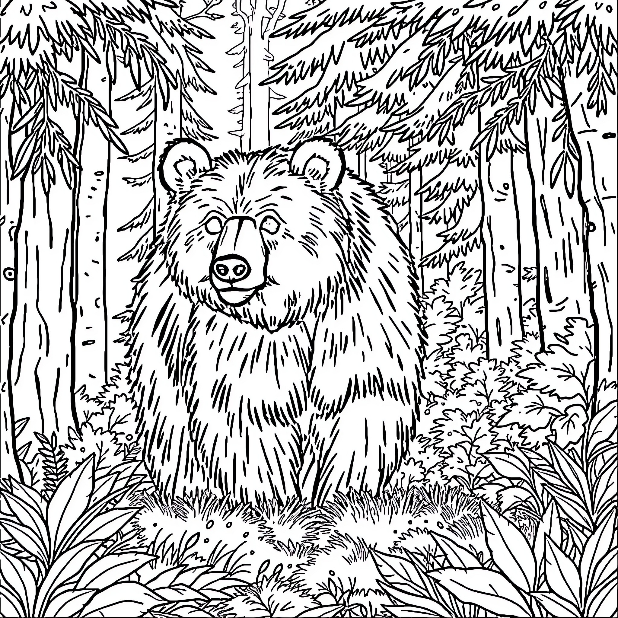 Bear relaxing in the lush forest Coloring Page (free black-and-white line drawing printable PDF for all, from beginners to advanced learners, including children, teens, adults, and seniors)