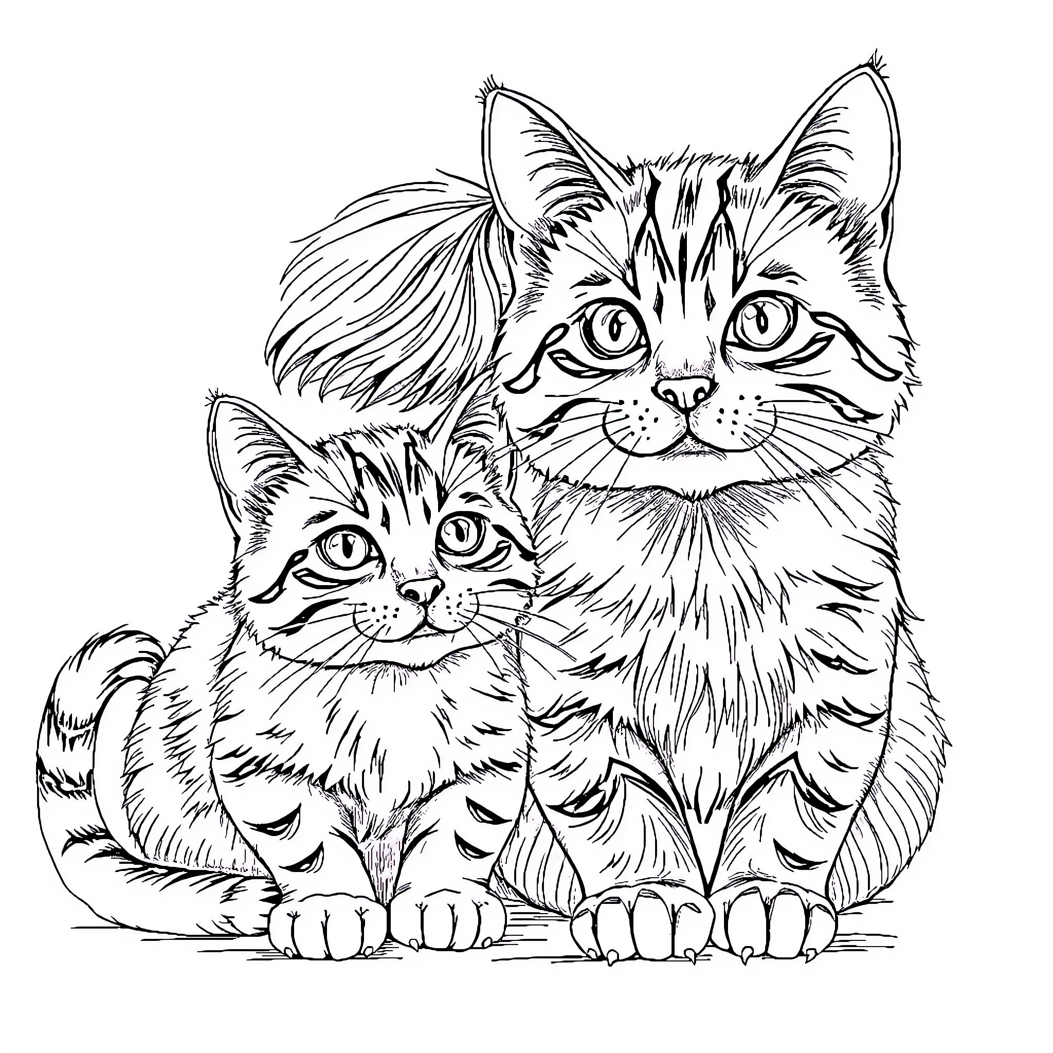 Child with playful kittens in sketch style Coloring Page (free black-and-white line drawing printable PDF for all, from beginners to advanced learners, including children, teens, adults, and seniors)