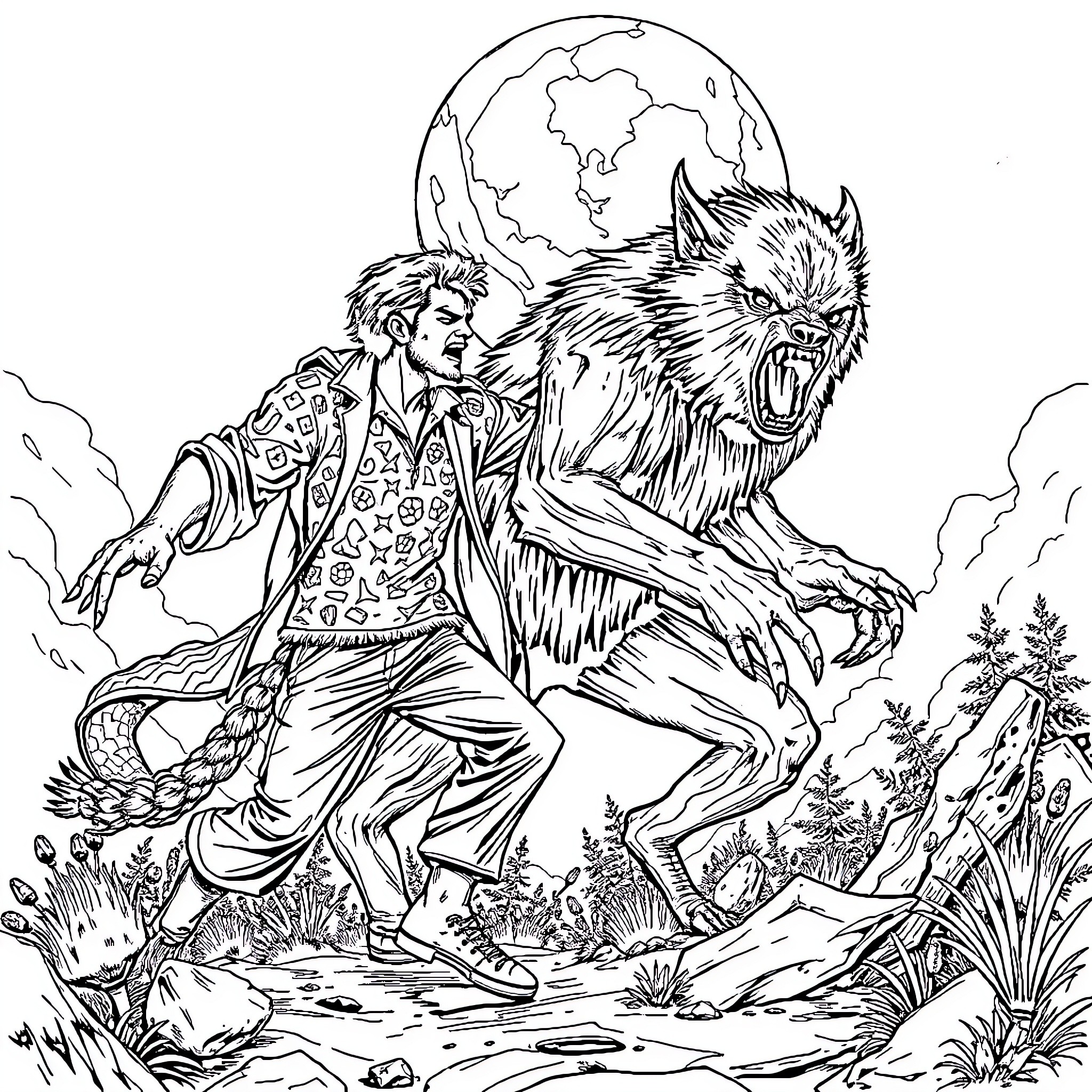 Stumble Guy Confronting the Fearsome Werewolf in the Wilderness Coloring Page (free black-and-white line drawing printable PDF for all, from beginners to advanced learners, including children, teens, adults, and seniors)