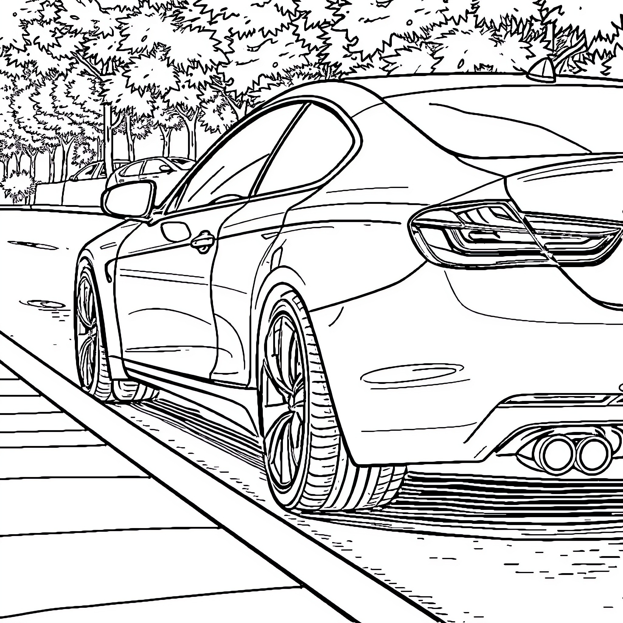 Car driving on a road in a nature setting Coloring Page (free black-and-white line drawing printable PDF for all, from beginners to advanced learners, including children, teens, adults, and seniors)