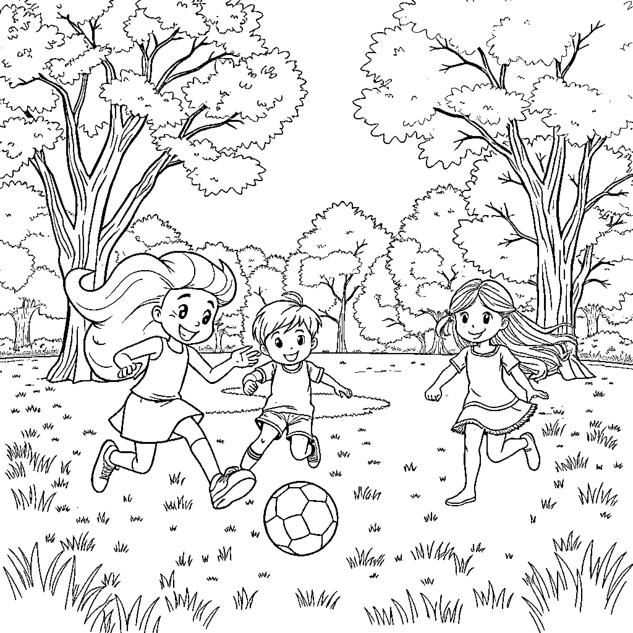 Bluey and friends playing joyfully in the park Coloring Page (free black-and-white line drawing printable PDF for all, from beginners to advanced learners, including children, teens, adults, and seniors)