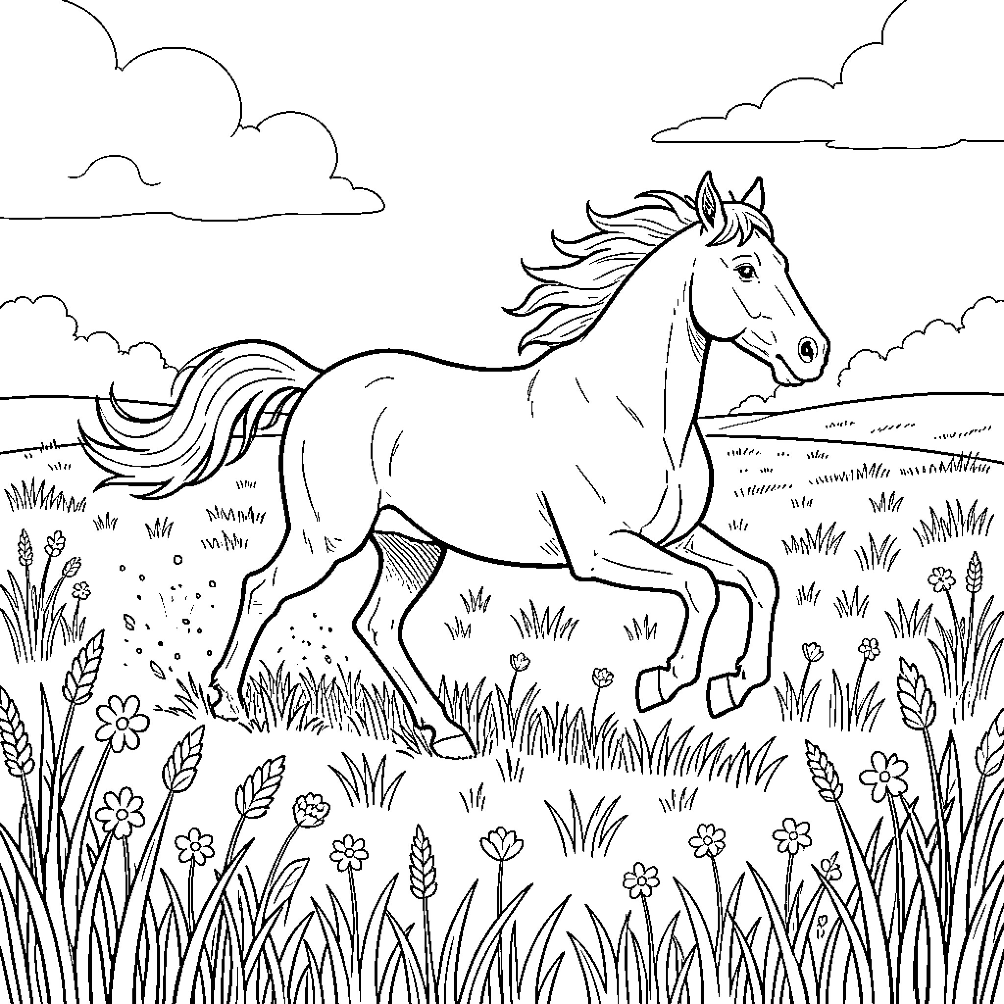 Horse galloping through a field of wildflowers Coloring Page (free black-and-white line drawing printable PDF for all, from beginners to advanced learners, including children, teens, adults, and seniors)