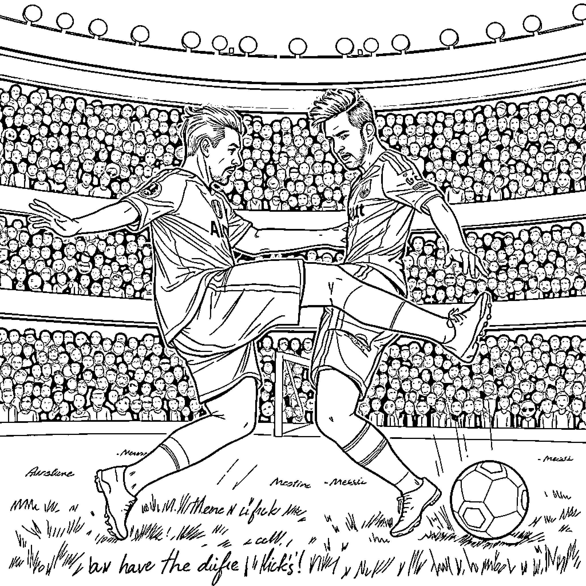 Messi and teammate in intense soccer match Coloring Page (free black-and-white line drawing printable PDF for all, from beginners to advanced learners, including children, teens, adults, and seniors)