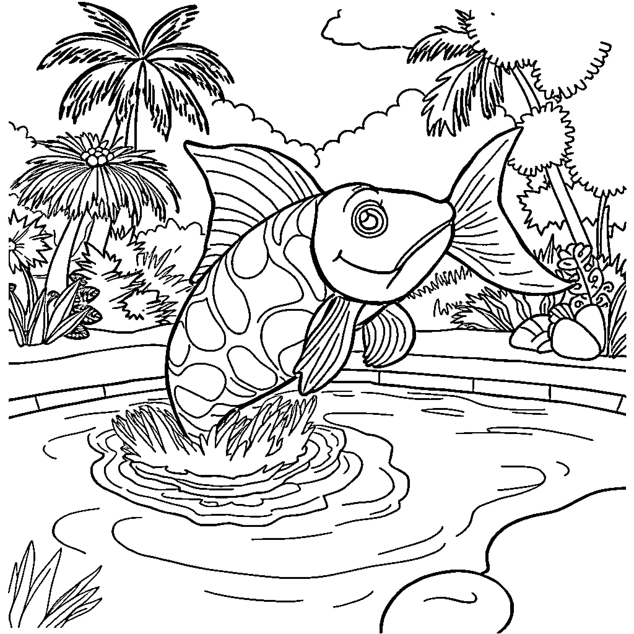 Child playing with tropical fish in nature Coloring Page (free black-and-white line drawing printable PDF for all, from beginners to advanced learners, including children, teens, adults, and seniors)