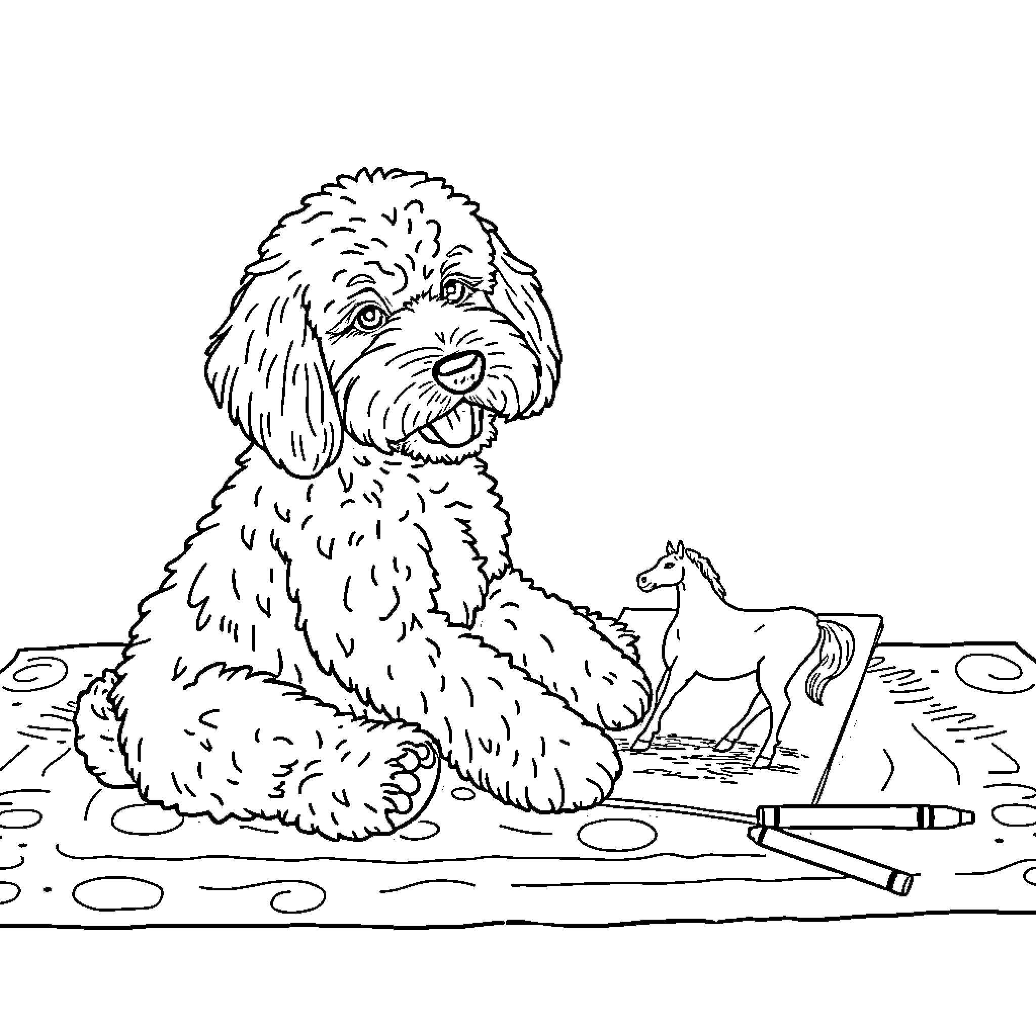 Doodle of a happy pup and a toy horse Coloring Page (free black-and-white line drawing printable PDF for all, from beginners to advanced learners, including children, teens, adults, and seniors)