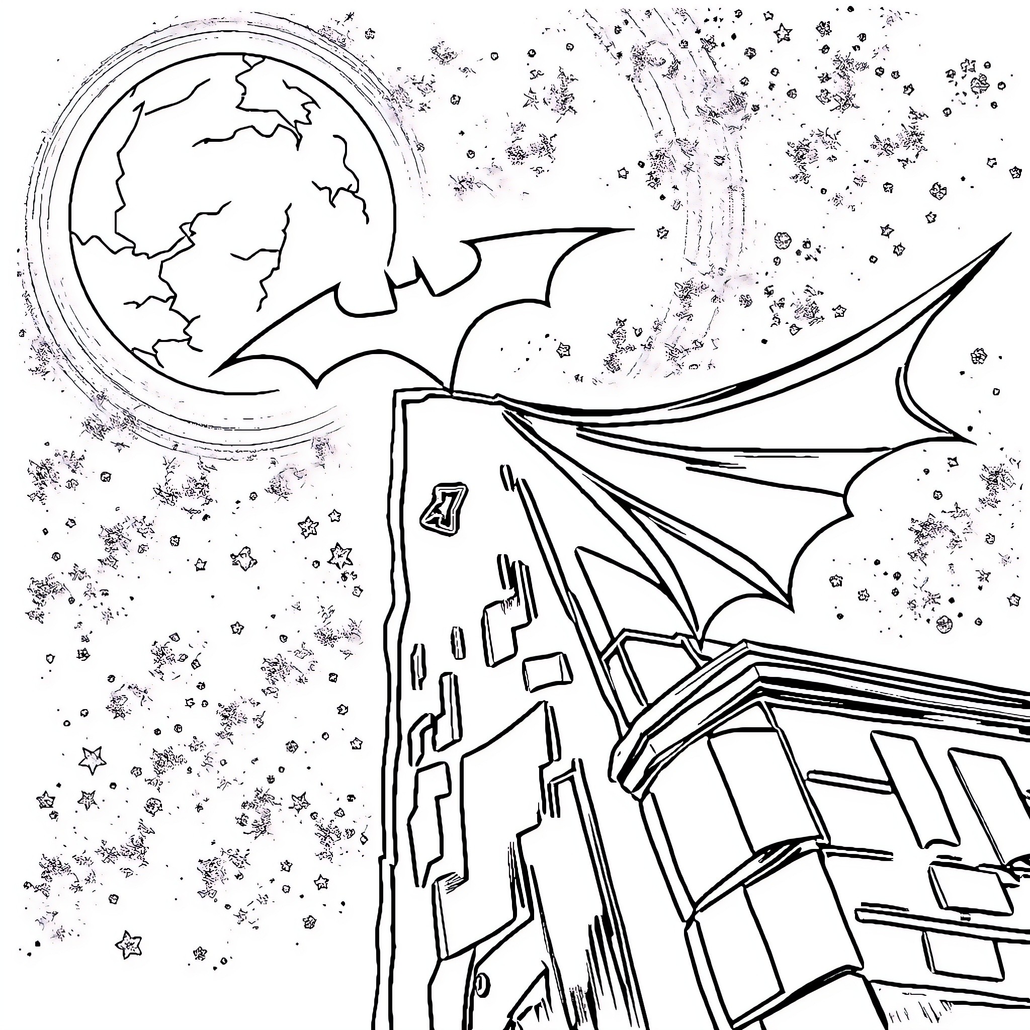 Batsignal illuminating the night sky over a city Coloring Page (free black-and-white line drawing printable PDF for all, from beginners to advanced learners, including children, teens, adults, and seniors)