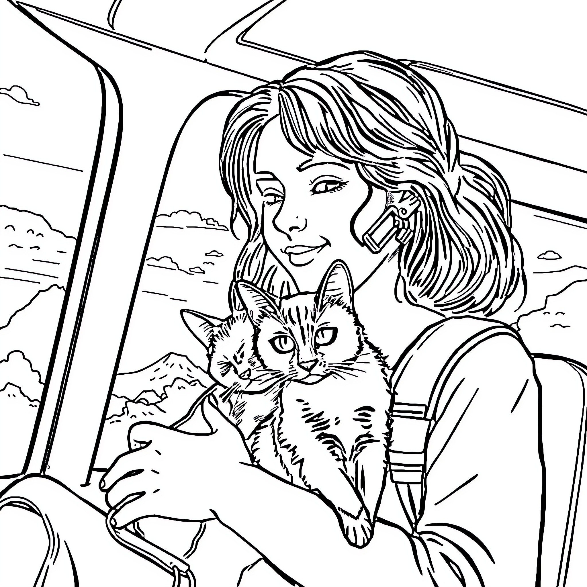 Woman smiling and holding a cat in the car Coloring Page (free black-and-white line drawing printable PDF for all, from beginners to advanced learners, including children, teens, adults, and seniors)