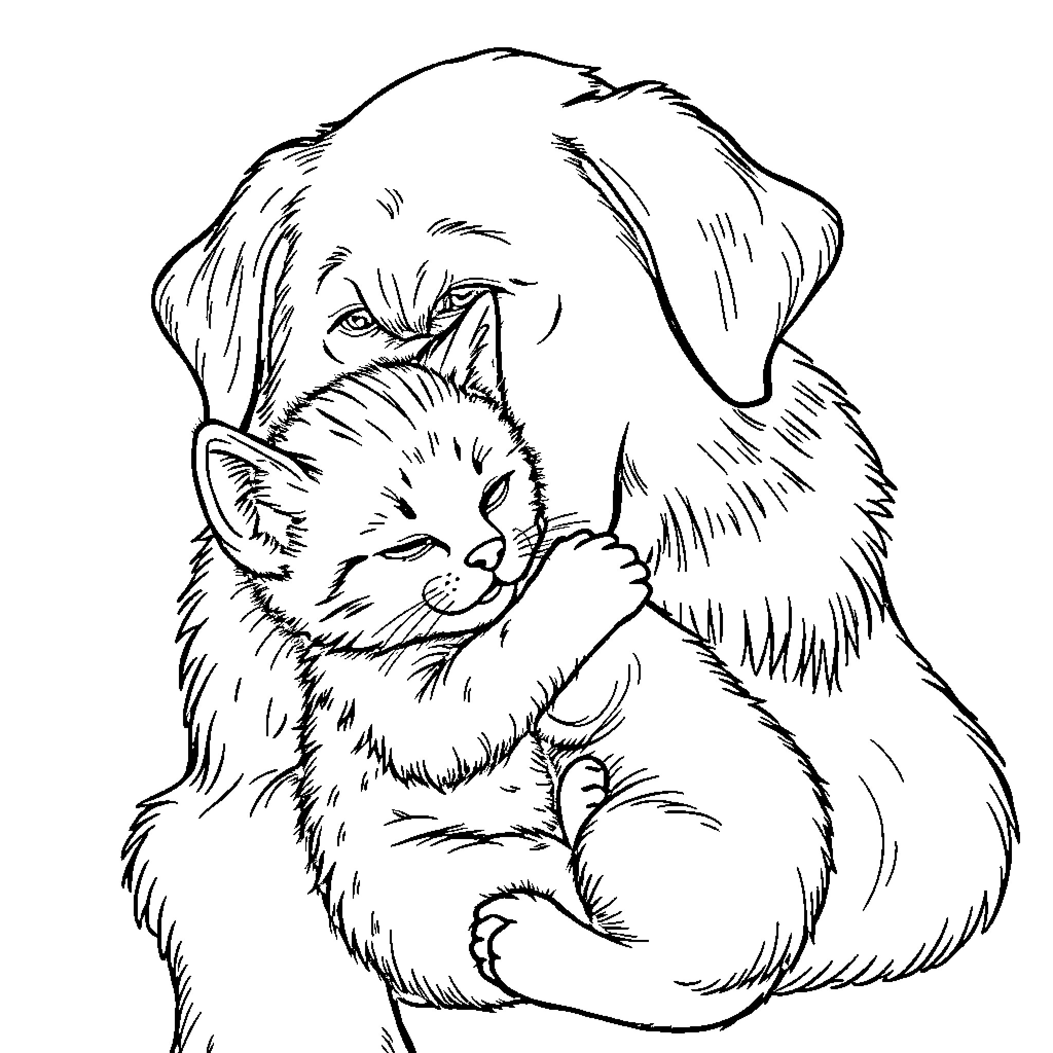 Kitten cuddling with puppy Coloring Page (free black-and-white line drawing printable PDF for all, from beginners to advanced learners, including children, teens, adults, and seniors)