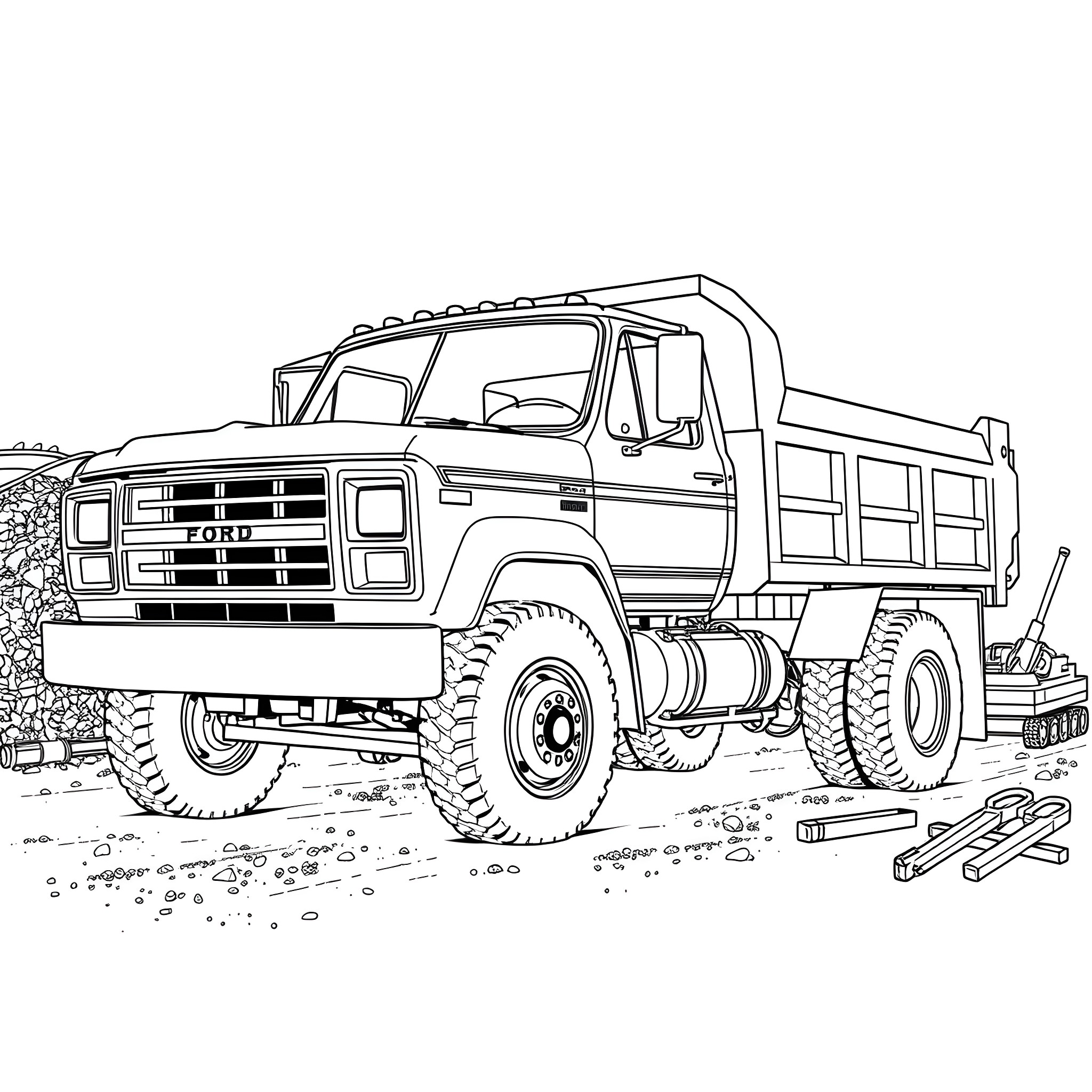 Ford heavy-duty dump truck on construction site Coloring Page (free black-and-white line drawing printable PDF for all, from beginners to advanced learners, including children, teens, adults, and seniors)