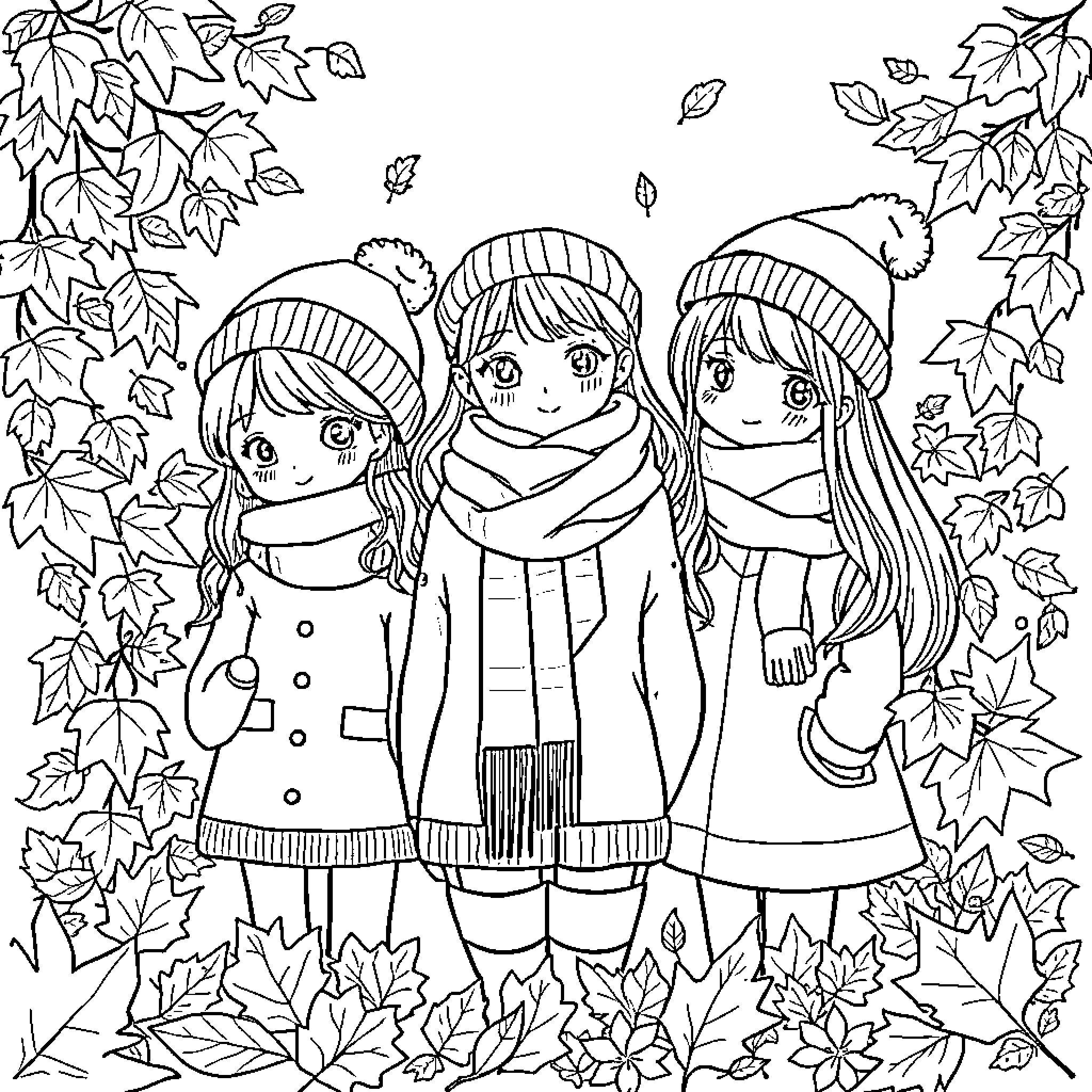 Girls Enjoying Autumn Leaves in the Park Coloring Page (free black-and-white line drawing printable PDF for all, from beginners to advanced learners, including children, teens, adults, and seniors)