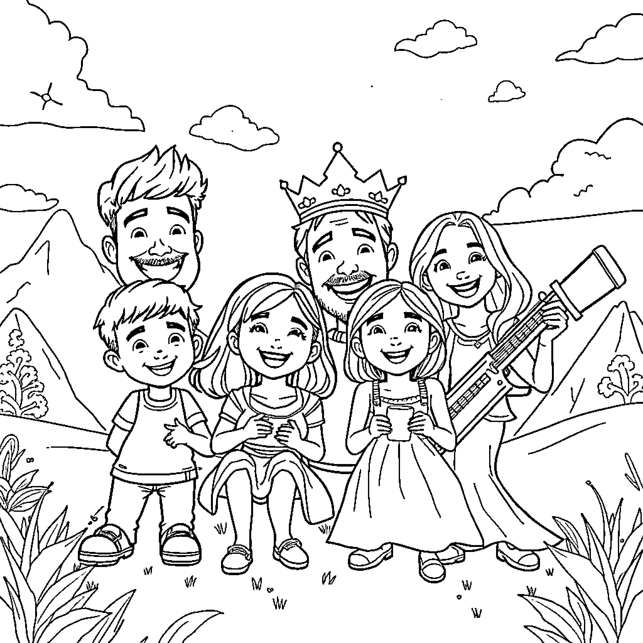 Youtuber Family Playing Together in Nature Coloring Page (free black-and-white line drawing printable PDF for all, from beginners to advanced learners, including children, teens, adults, and seniors)