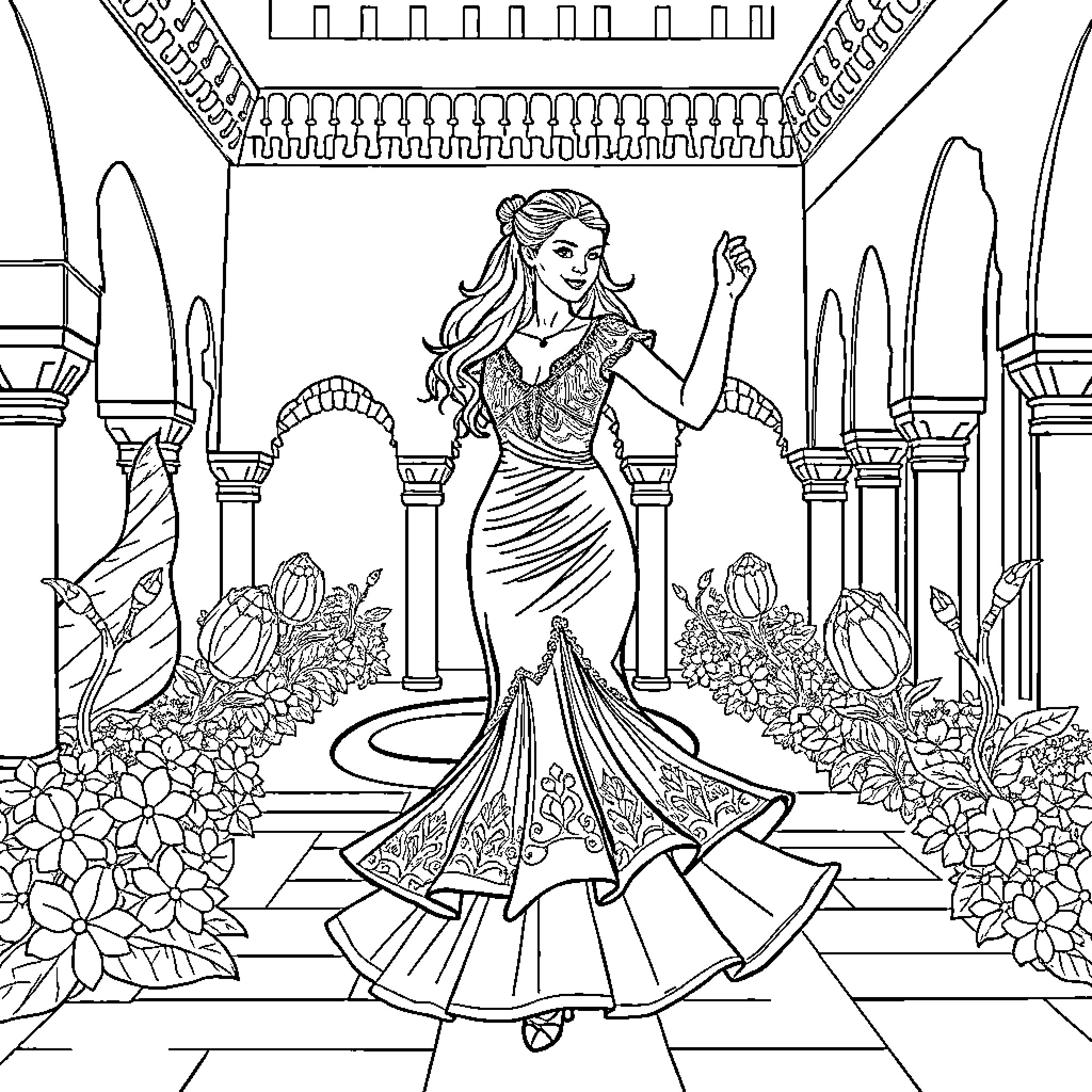 Bailarina gracefully performing on stage Coloring Page (free black-and-white line drawing printable PDF for all, from beginners to advanced learners, including children, teens, adults, and seniors)