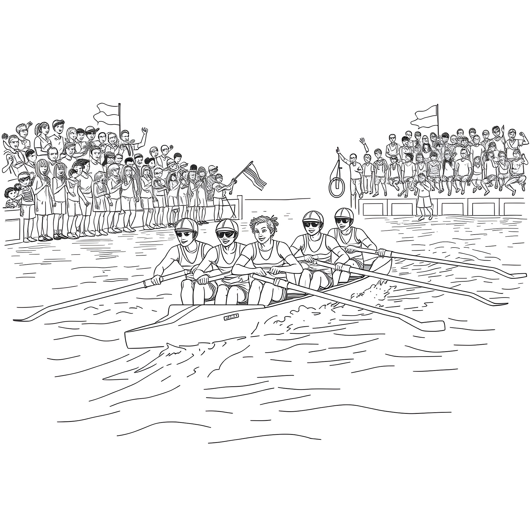 Rowing team race with cheering supporters Coloring Page (free black-and-white line drawing printable PDF for all, from beginners to advanced learners, including children, teens, adults, and seniors)