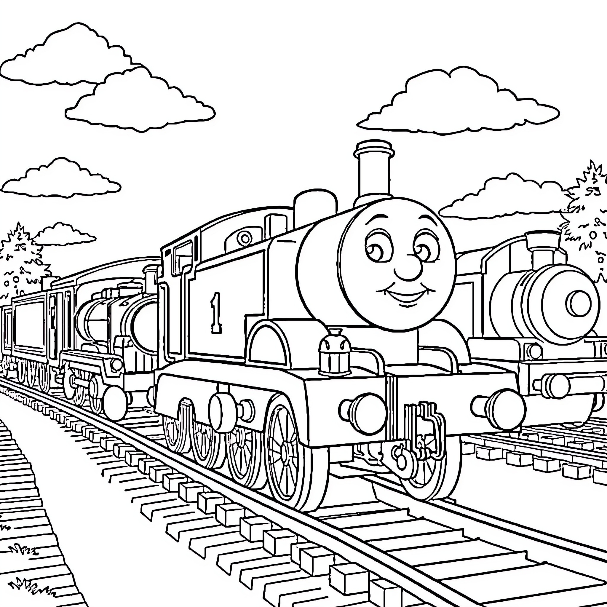 Thomas the Train Chugging Along the Tracks Coloring Page (free black-and-white line drawing printable PDF for all, from beginners to advanced learners, including children, teens, adults, and seniors)