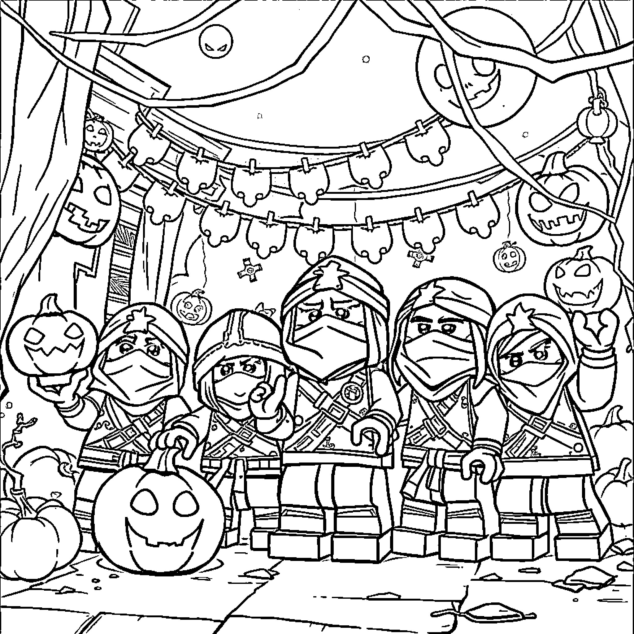 Ninjago Halloween Celebration with Ninjas and Decorations Coloring Page (free black-and-white line drawing printable PDF for all, from beginners to advanced learners, including children, teens, adults, and seniors)