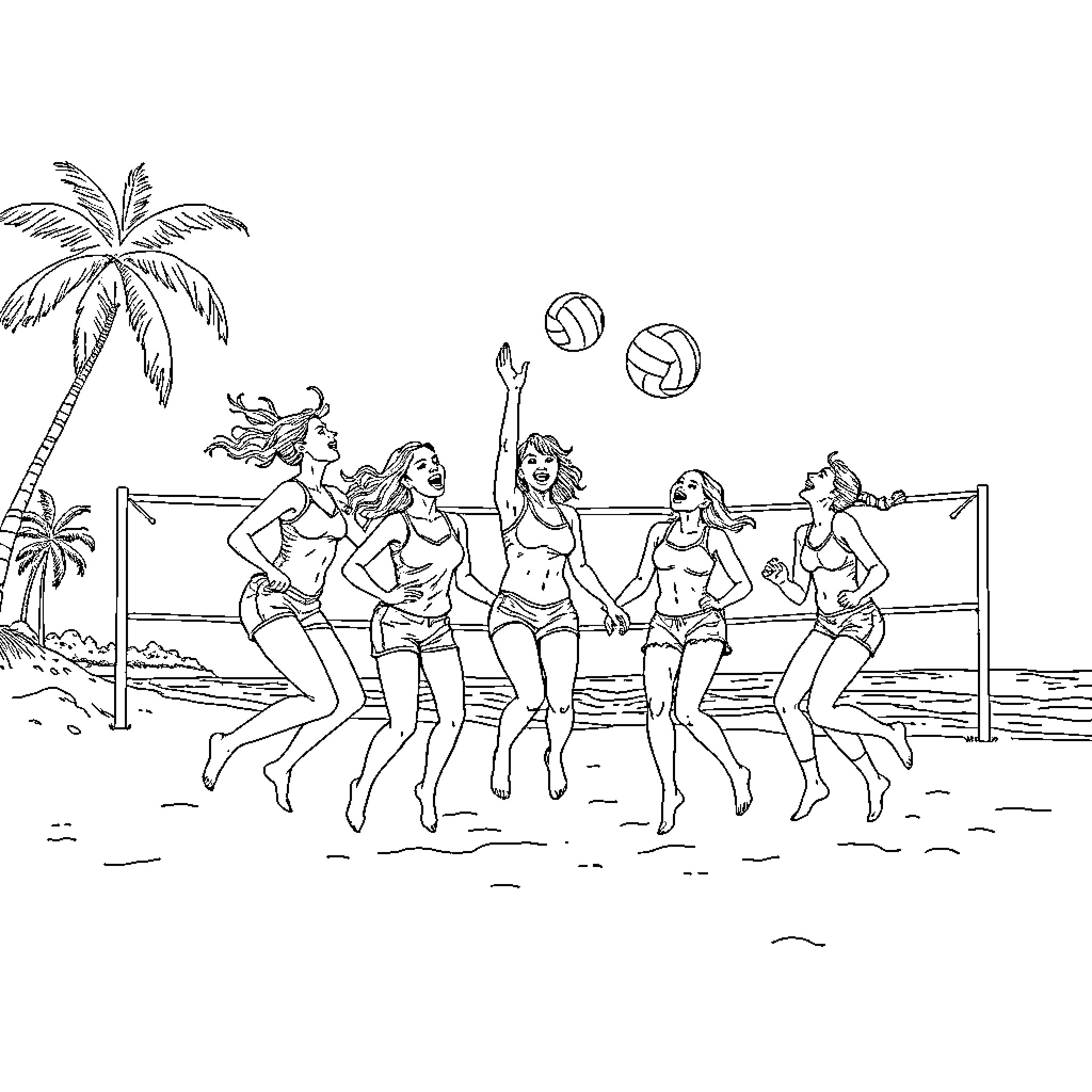 Girls playing volleyball on the beach Coloring Page (free black-and-white line drawing printable PDF for all, from beginners to advanced learners, including children, teens, adults, and seniors)