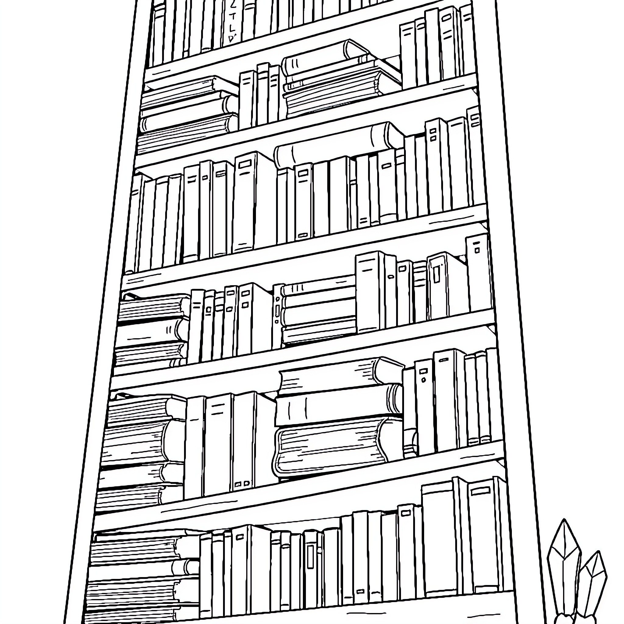 Book Shelf with Assorted Books Coloring Page (free black-and-white line drawing printable PDF for all, from beginners to advanced learners, including children, teens, adults, and seniors)