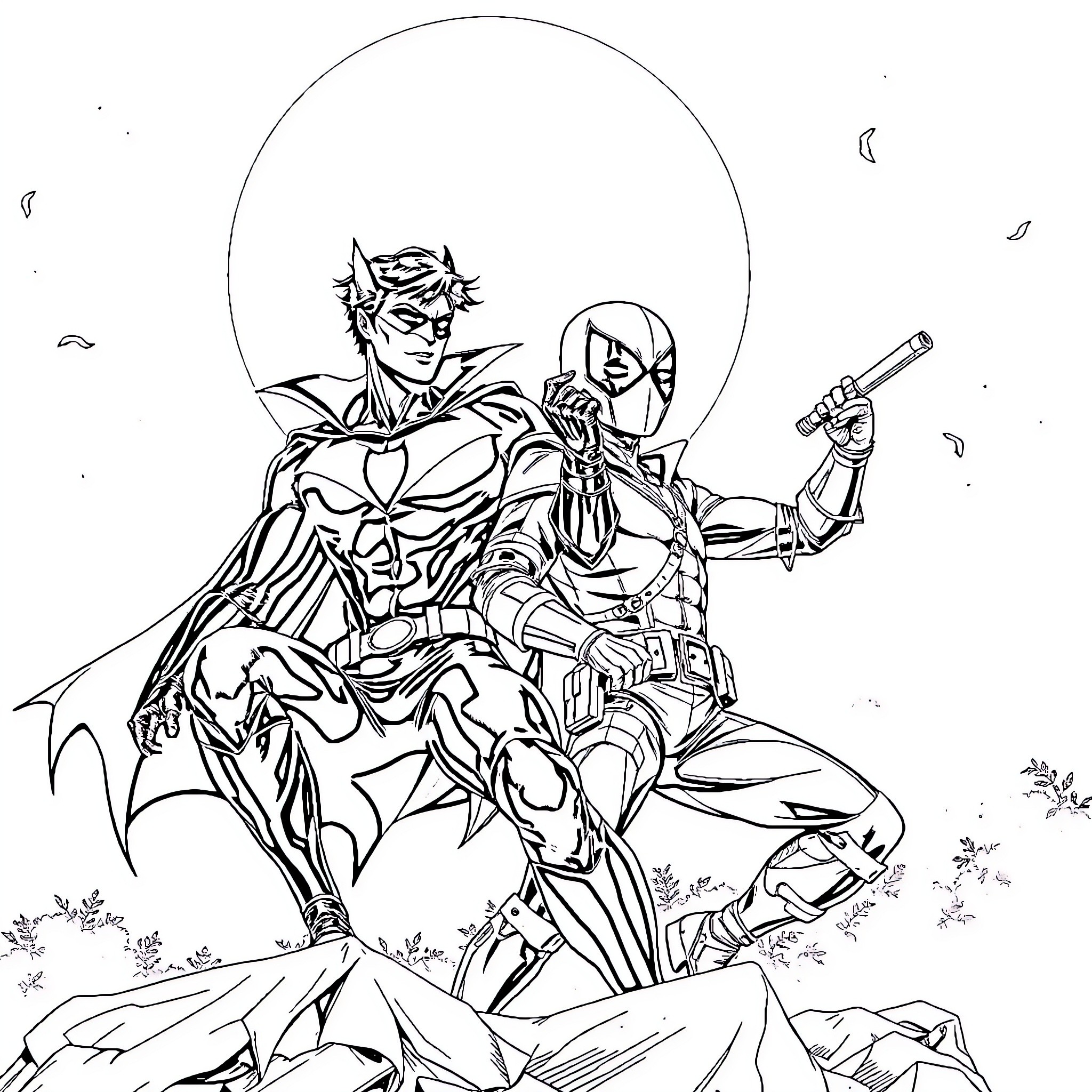 Nightwing and Deathstroke in combat stance Coloring Page (free black-and-white line drawing printable PDF for all, from beginners to advanced learners, including children, teens, adults, and seniors)