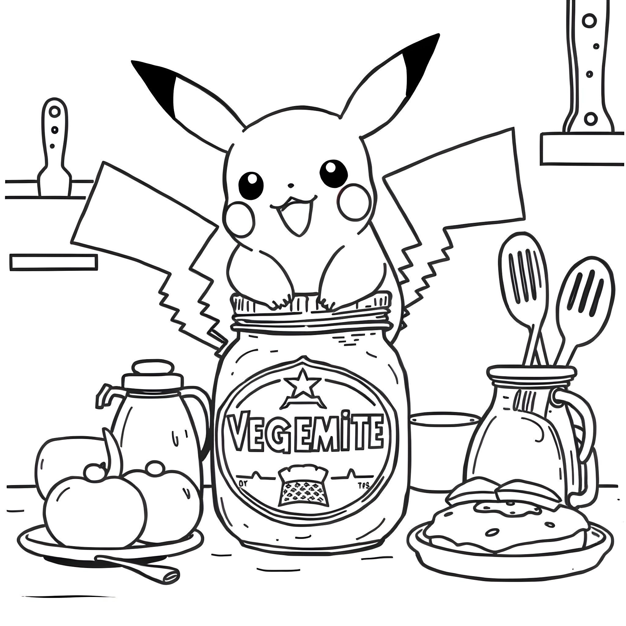Pikachu and Vegemite Cooking Adventure Coloring Page (free black-and-white line drawing printable PDF for all, from beginners to advanced learners, including children, teens, adults, and seniors)