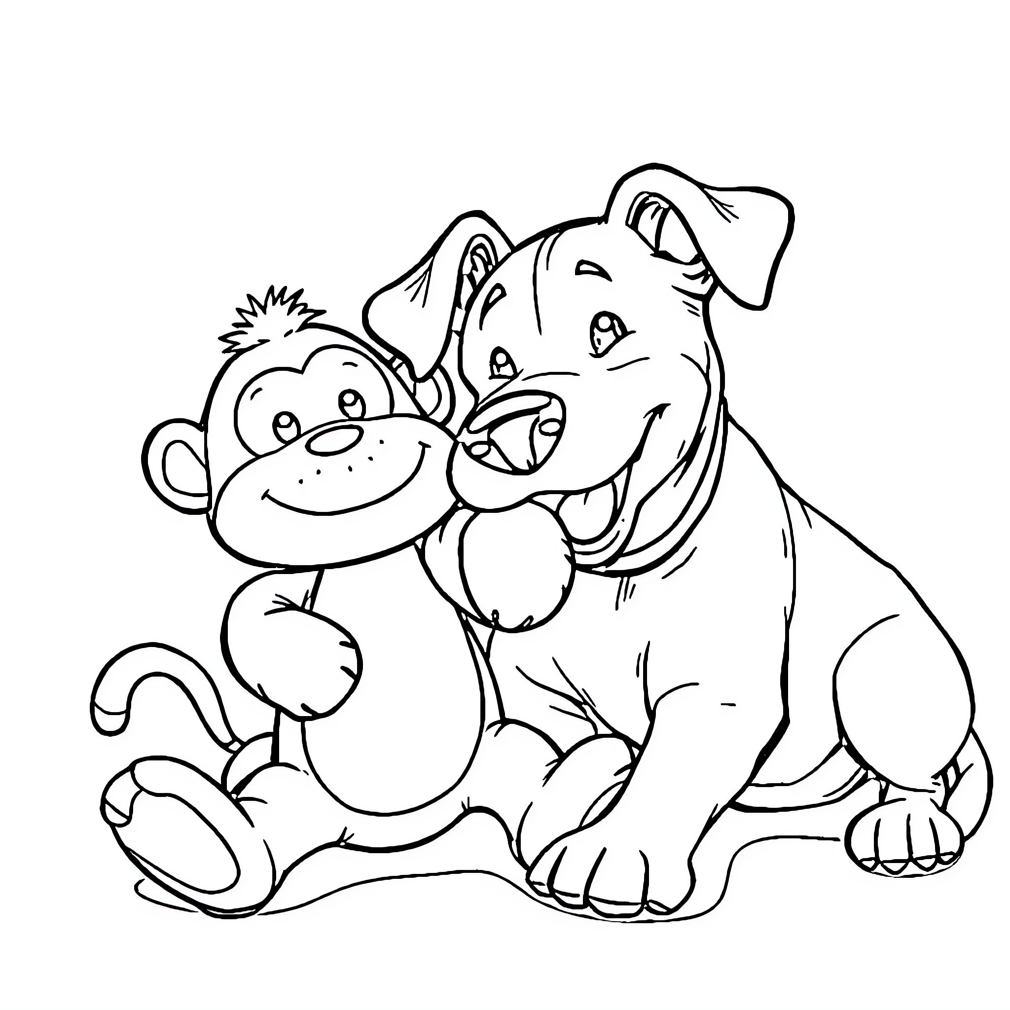 Dachshund playing happily with monkey toy Coloring Page (free black-and-white line drawing printable PDF for all, from beginners to advanced learners, including children, teens, adults, and seniors)