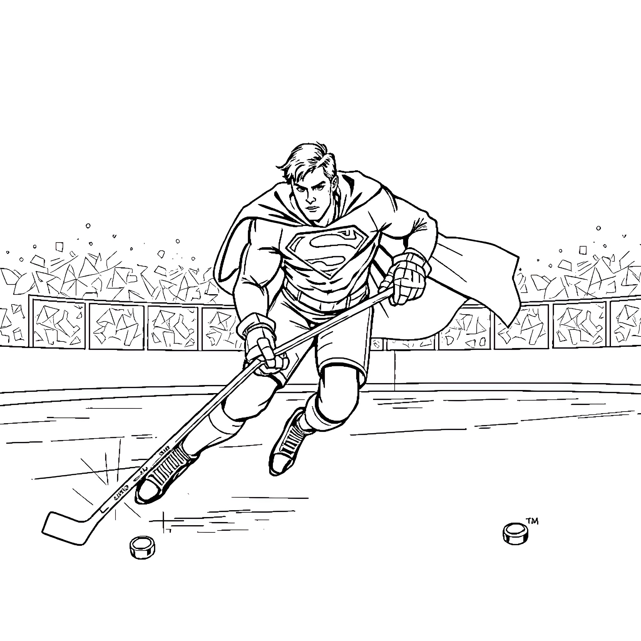 Superman playing hockey on the ice rink Coloring Page (free black-and-white line drawing printable PDF for all, from beginners to advanced learners, including children, teens, adults, and seniors)