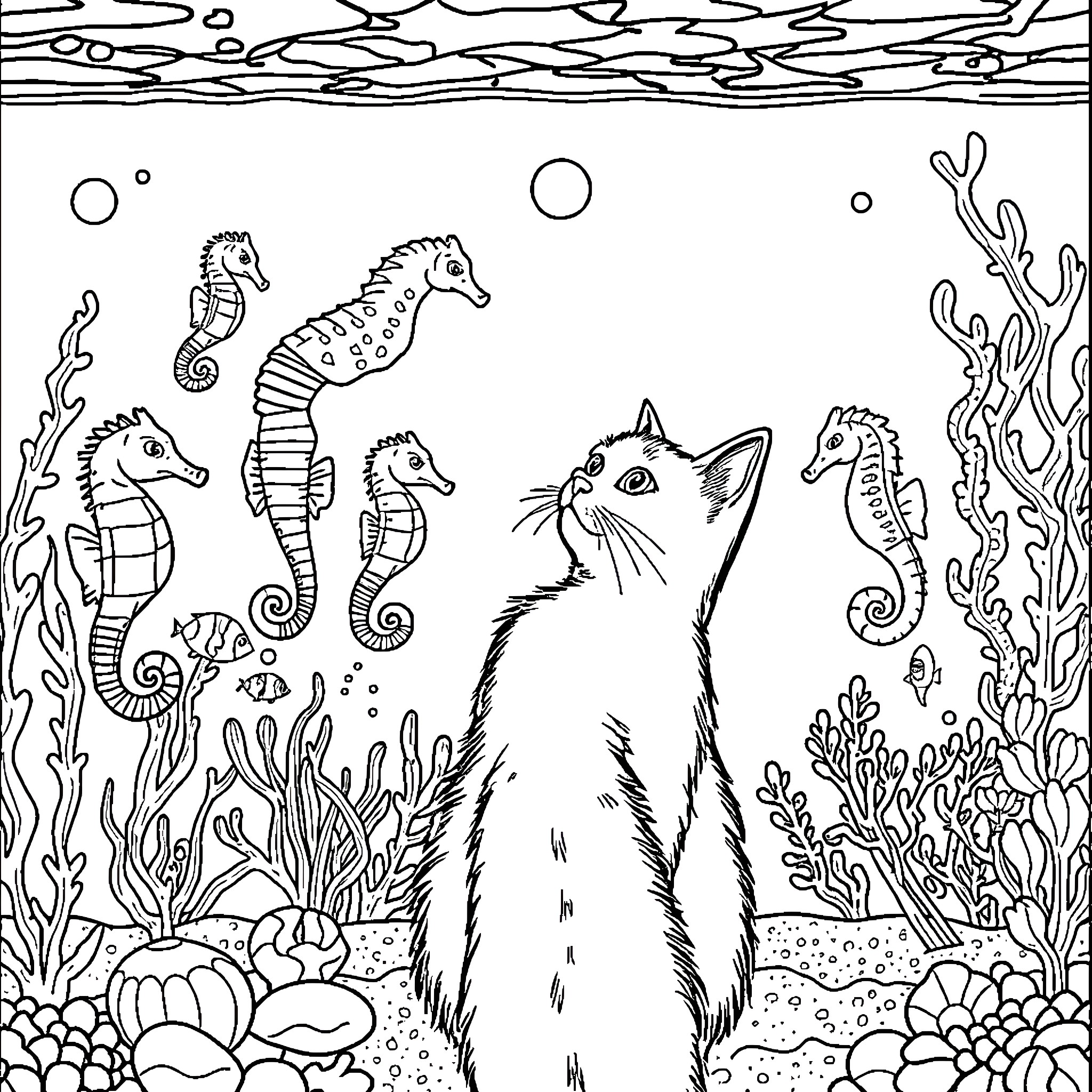 Cat exploring the underwater sea world Coloring Page (free black-and-white line drawing printable PDF for all, from beginners to advanced learners, including children, teens, adults, and seniors)