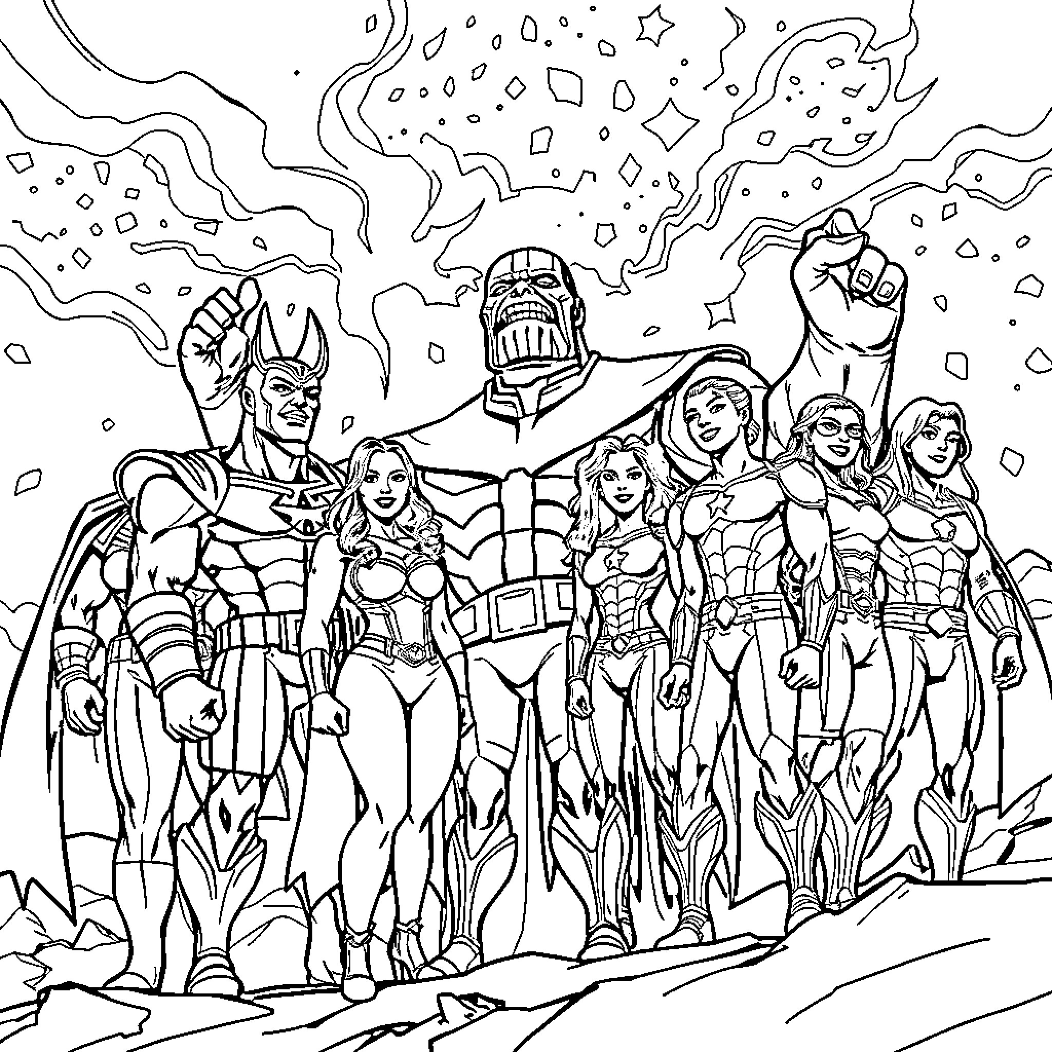 Marvel Hero Team Stands Strong in Cosmic Scene Coloring Page (free black-and-white line drawing printable PDF for all, from beginners to advanced learners, including children, teens, adults, and seniors)