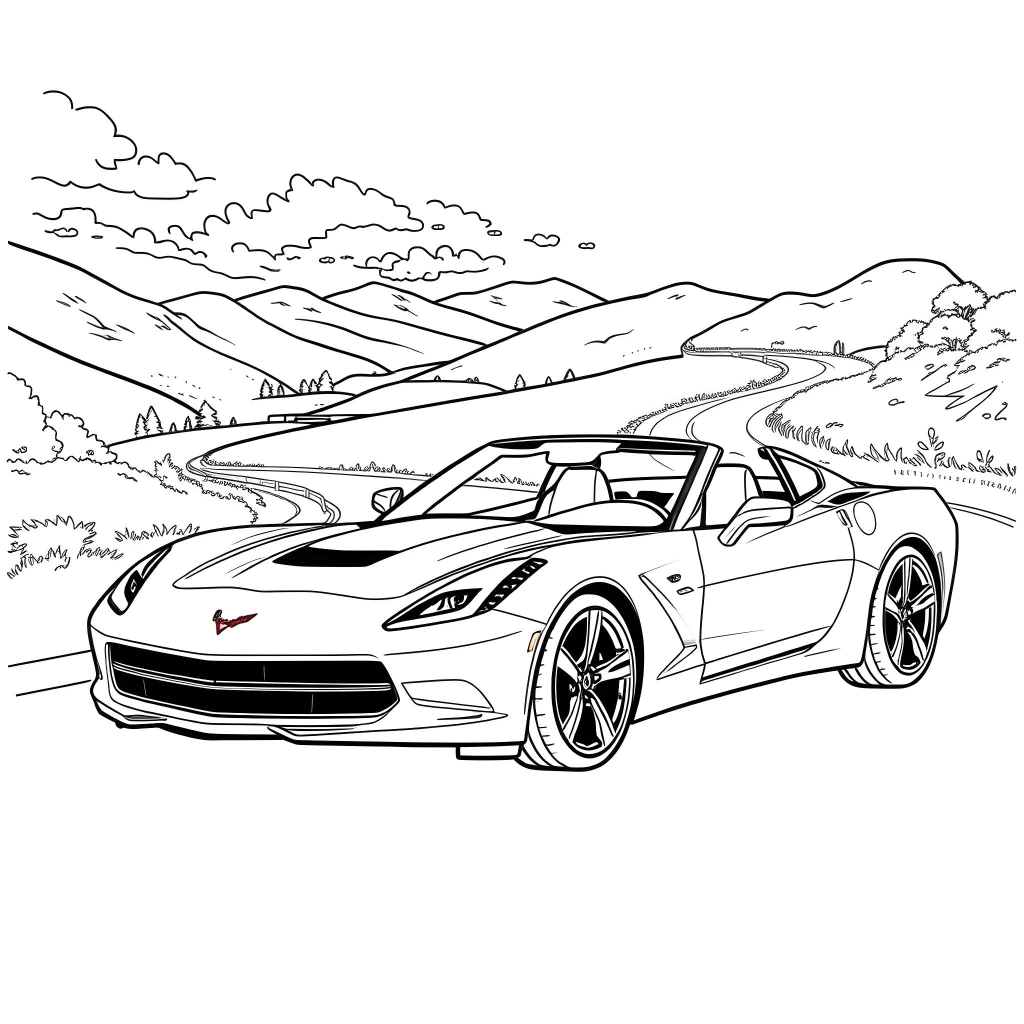 Corvette driving on winding mountain road Coloring Page (free black-and-white line drawing printable PDF for all, from beginners to advanced learners, including children, teens, adults, and seniors)