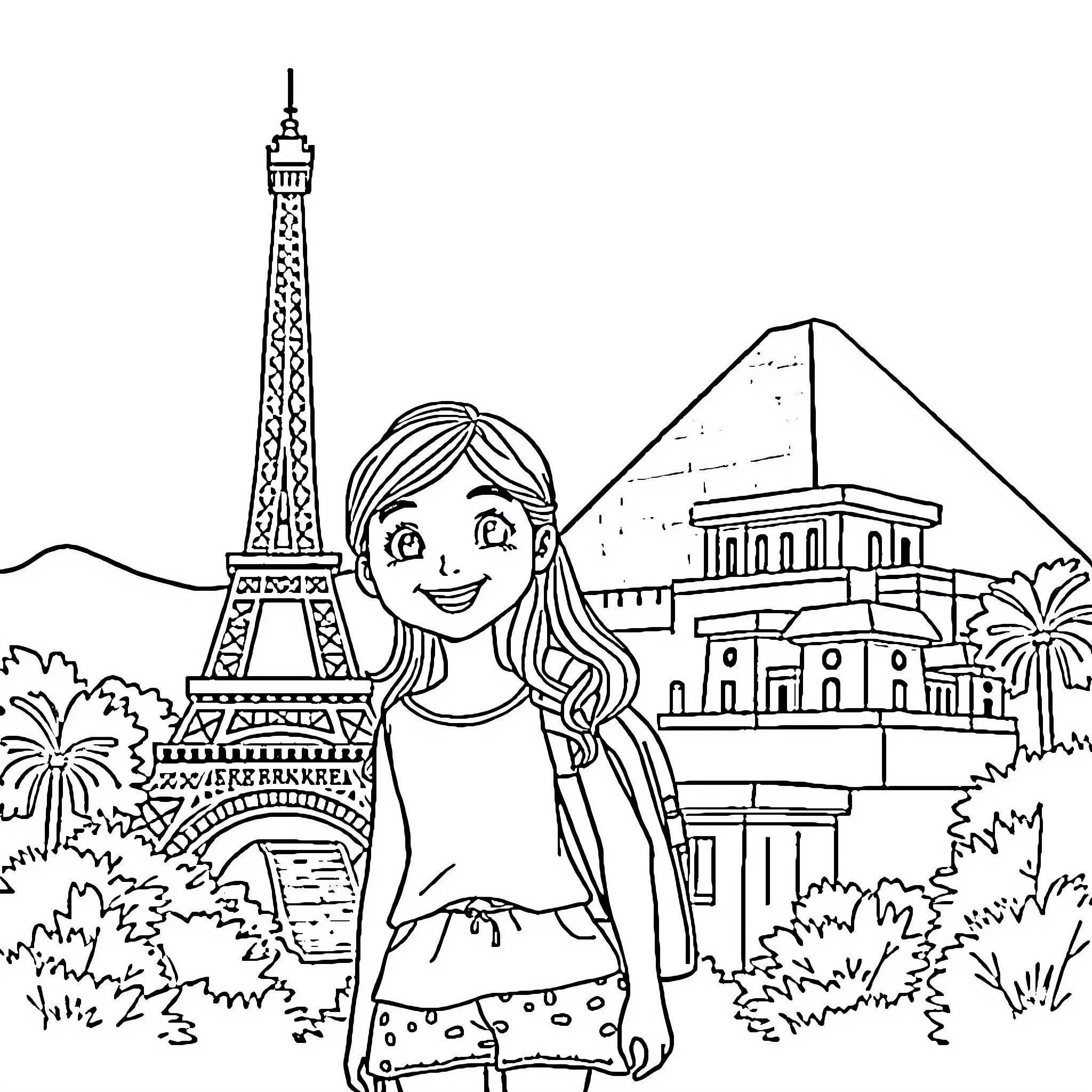 Asian Character Exploring the Sights of Paris Coloring Page (free black-and-white line drawing printable PDF for all, from beginners to advanced learners, including children, teens, adults, and seniors)