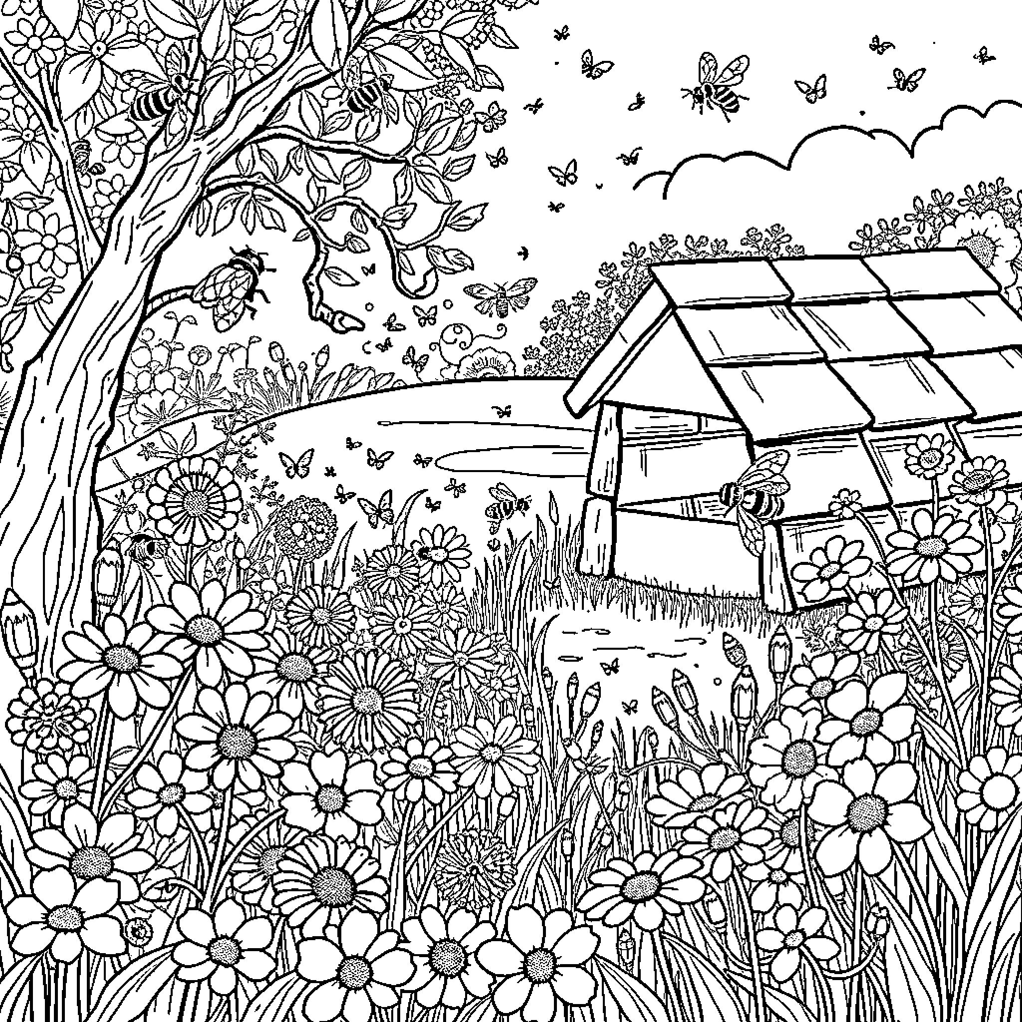 Bee enjoying a vibrant garden landscape Coloring Page (free black-and-white line drawing printable PDF for all, from beginners to advanced learners, including children, teens, adults, and seniors)
