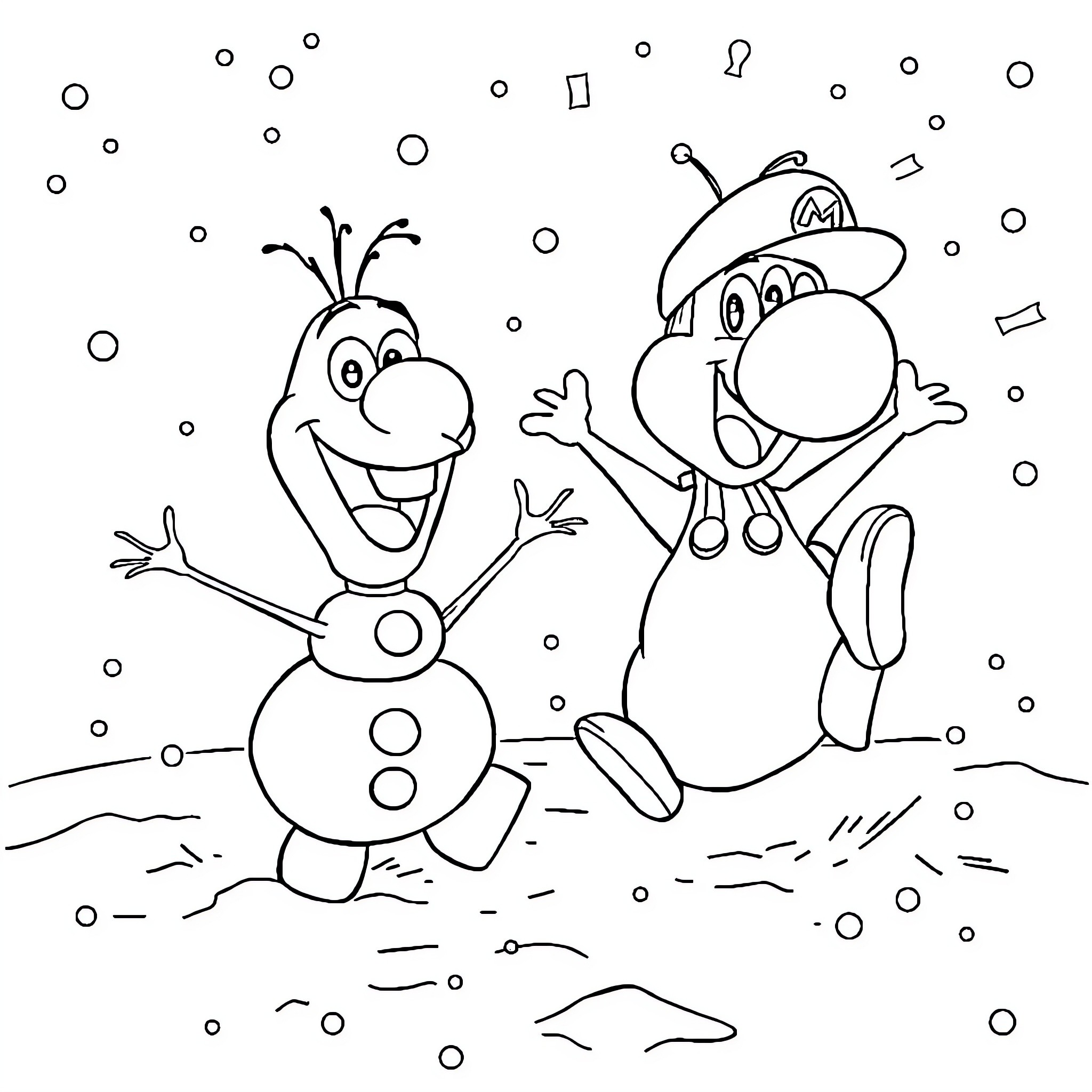 Olaf and Snowman Playing in the Snow Coloring Page (free black-and-white line drawing printable PDF for all, from beginners to advanced learners, including children, teens, adults, and seniors)