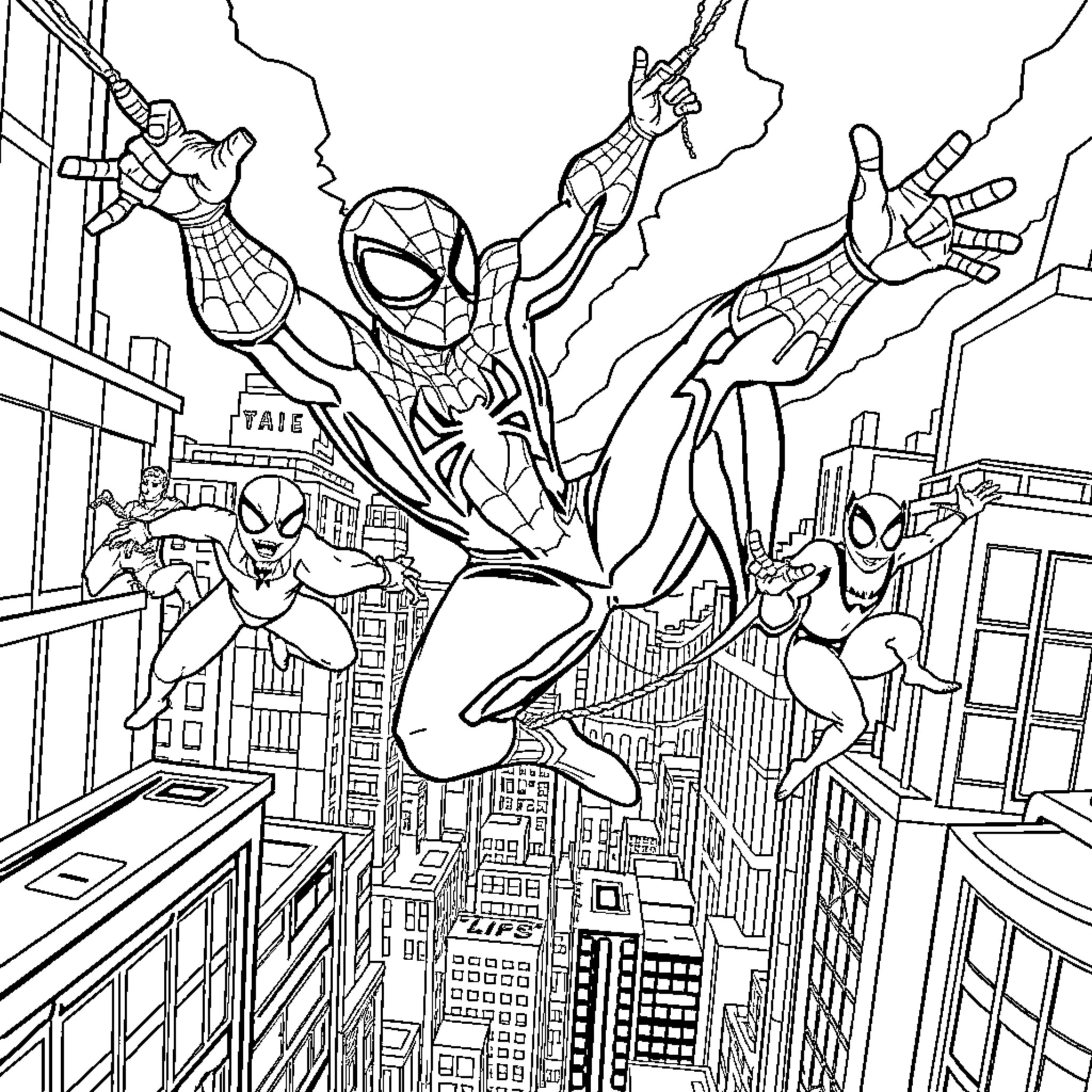 Spidey swinging through the city with allies Coloring Page (free black-and-white line drawing printable PDF for all, from beginners to advanced learners, including children, teens, adults, and seniors)