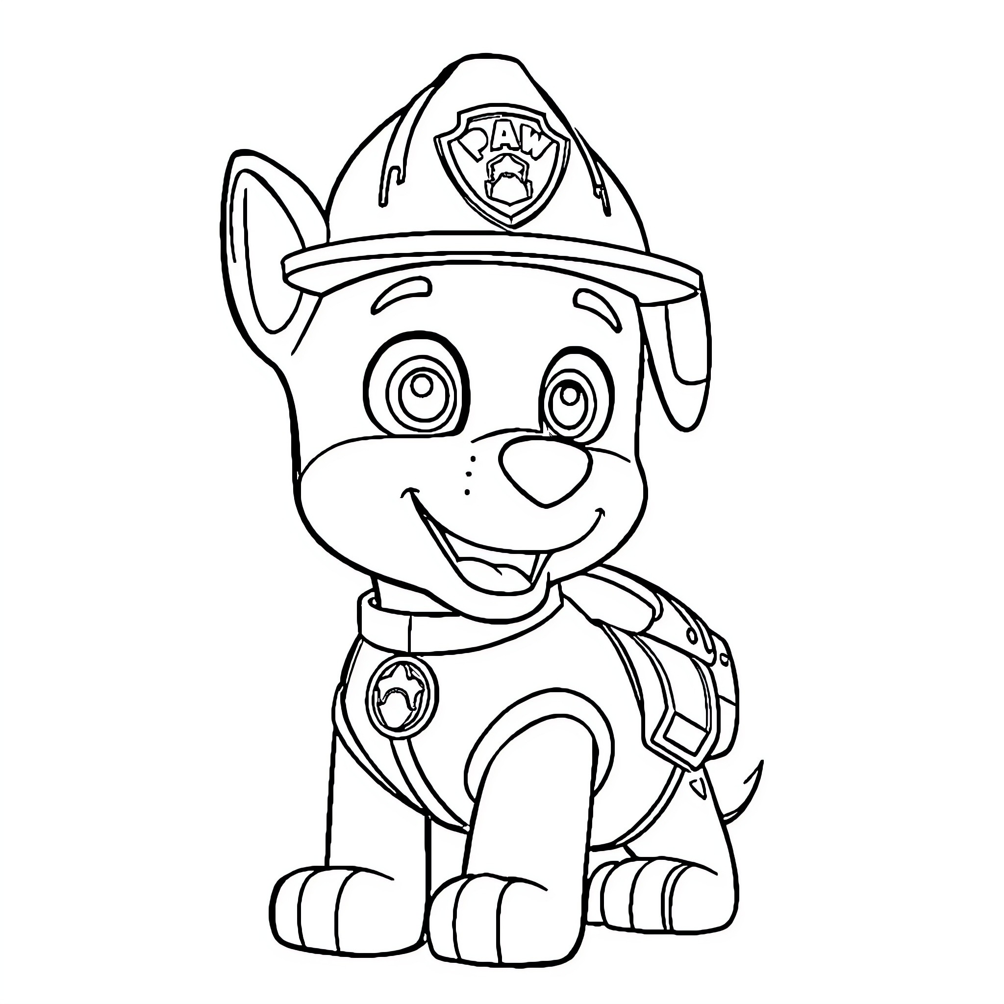 Marshall the Paw Patrol Puppy in Uniform Coloring Page (free black-and-white line drawing printable PDF for all, from beginners to advanced learners, including children, teens, adults, and seniors)