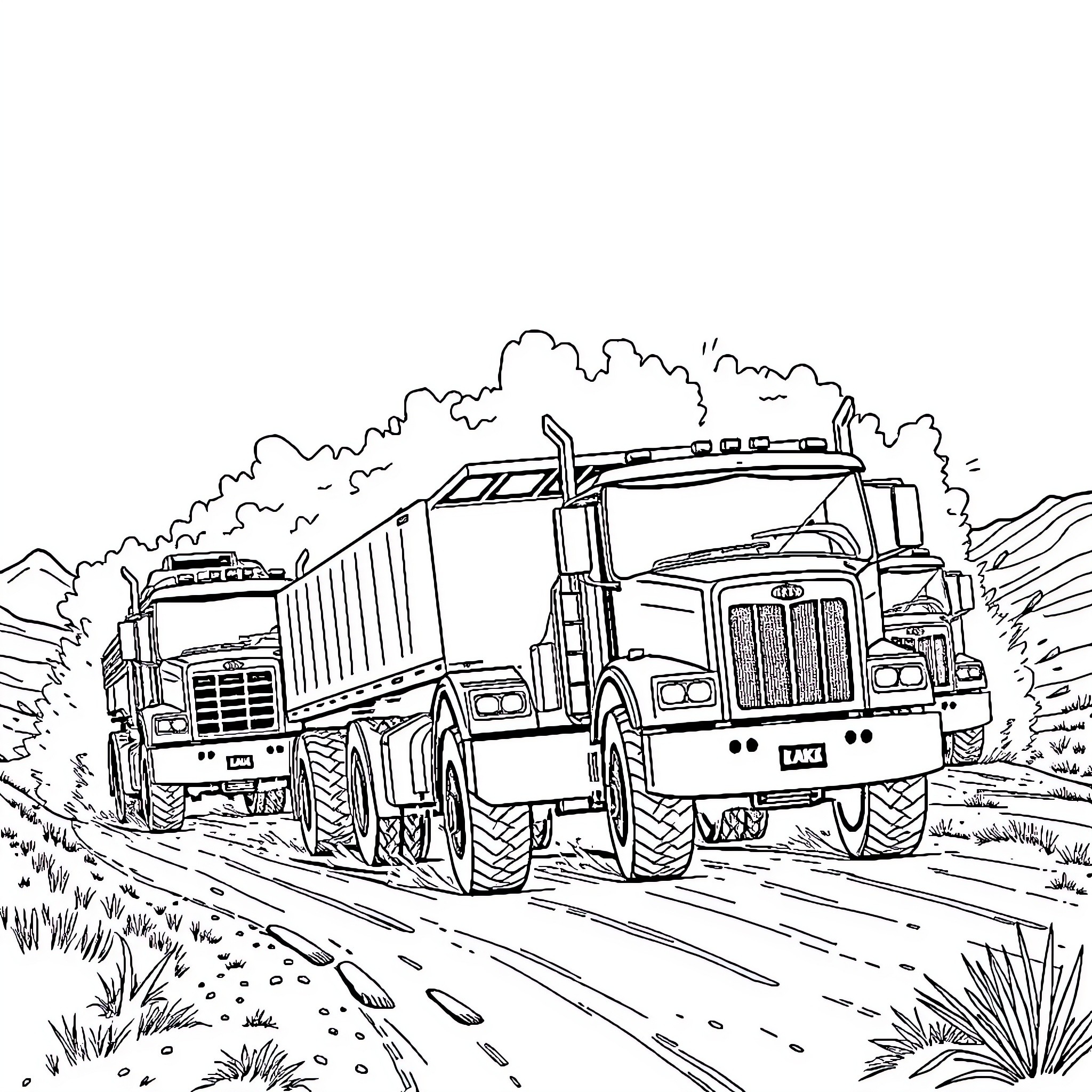 Construction Trucks Hauling Cargo on the Road Coloring Page (free black-and-white line drawing printable PDF for all, from beginners to advanced learners, including children, teens, adults, and seniors)